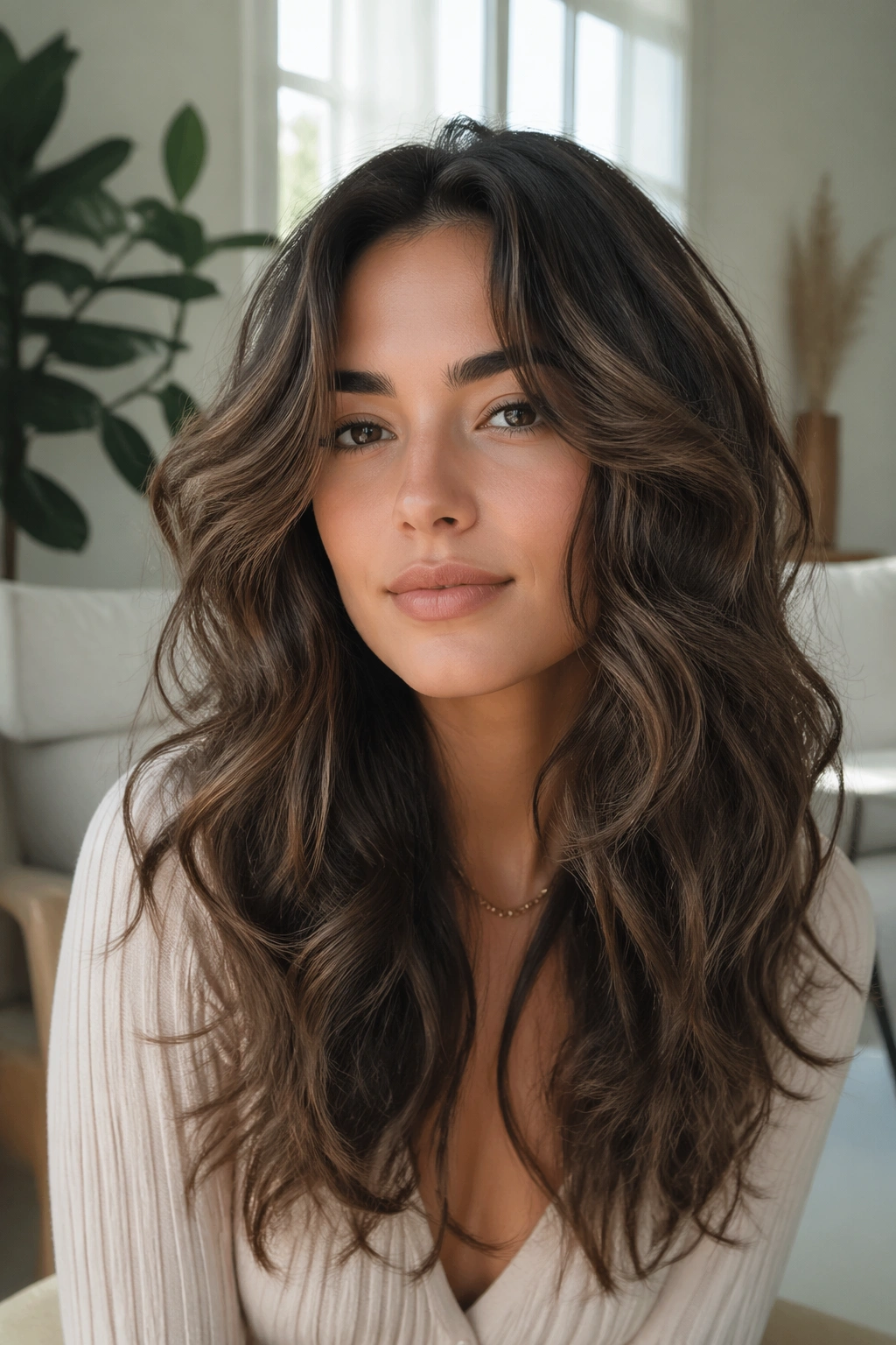 Portrait of a woman with butterfly layers and longer underlayers.