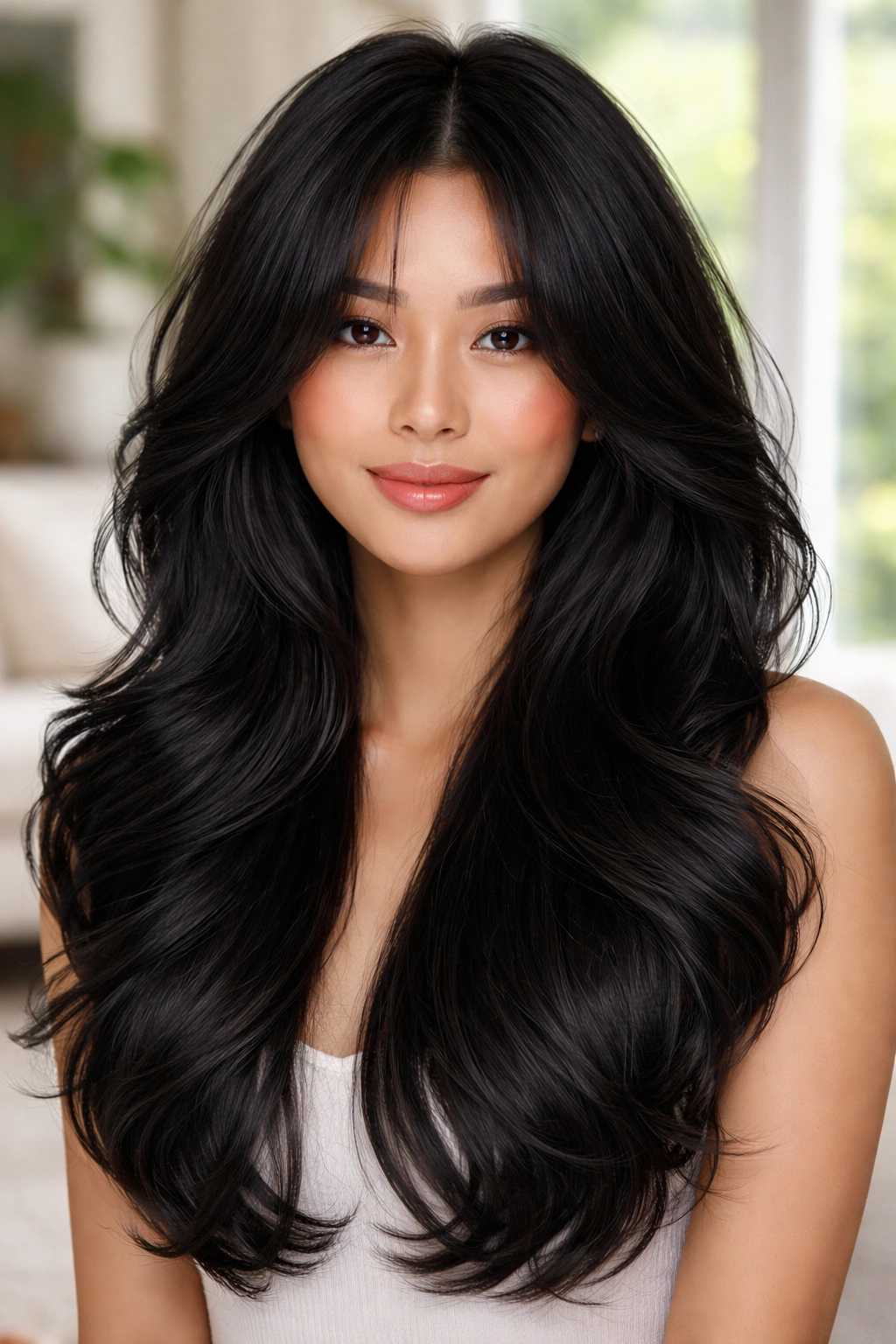 Close-up of real woman with butterfly layer haircut and floating curtain fringe.