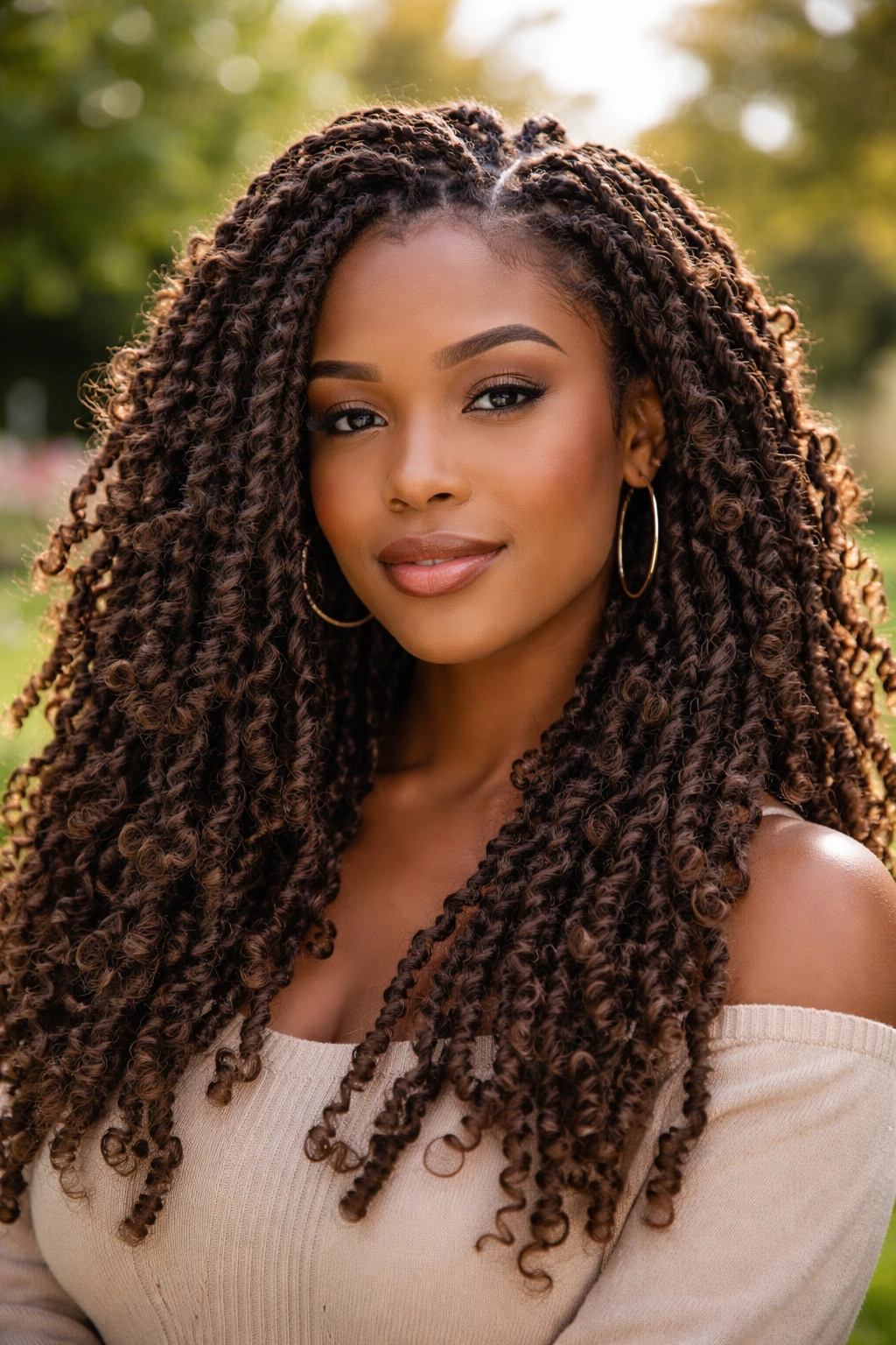 Close-up of a real woman with butterfly locs on thick Afro hair in a sunlit garden