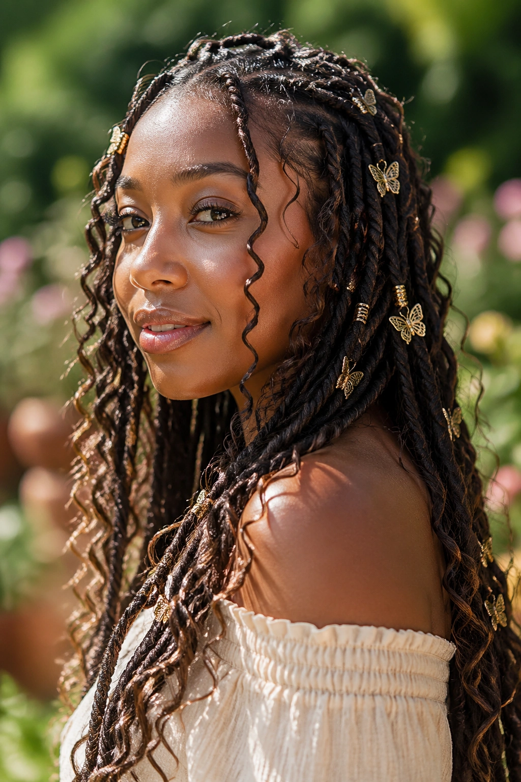 Close-up of a real woman with butterfly-inspired locs.