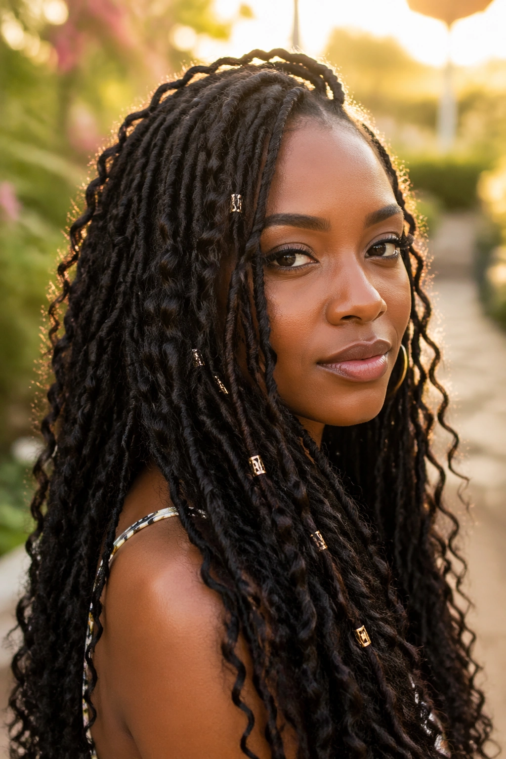 Close-up of a real woman wearing butterfly locs in a golden-hour garden setting