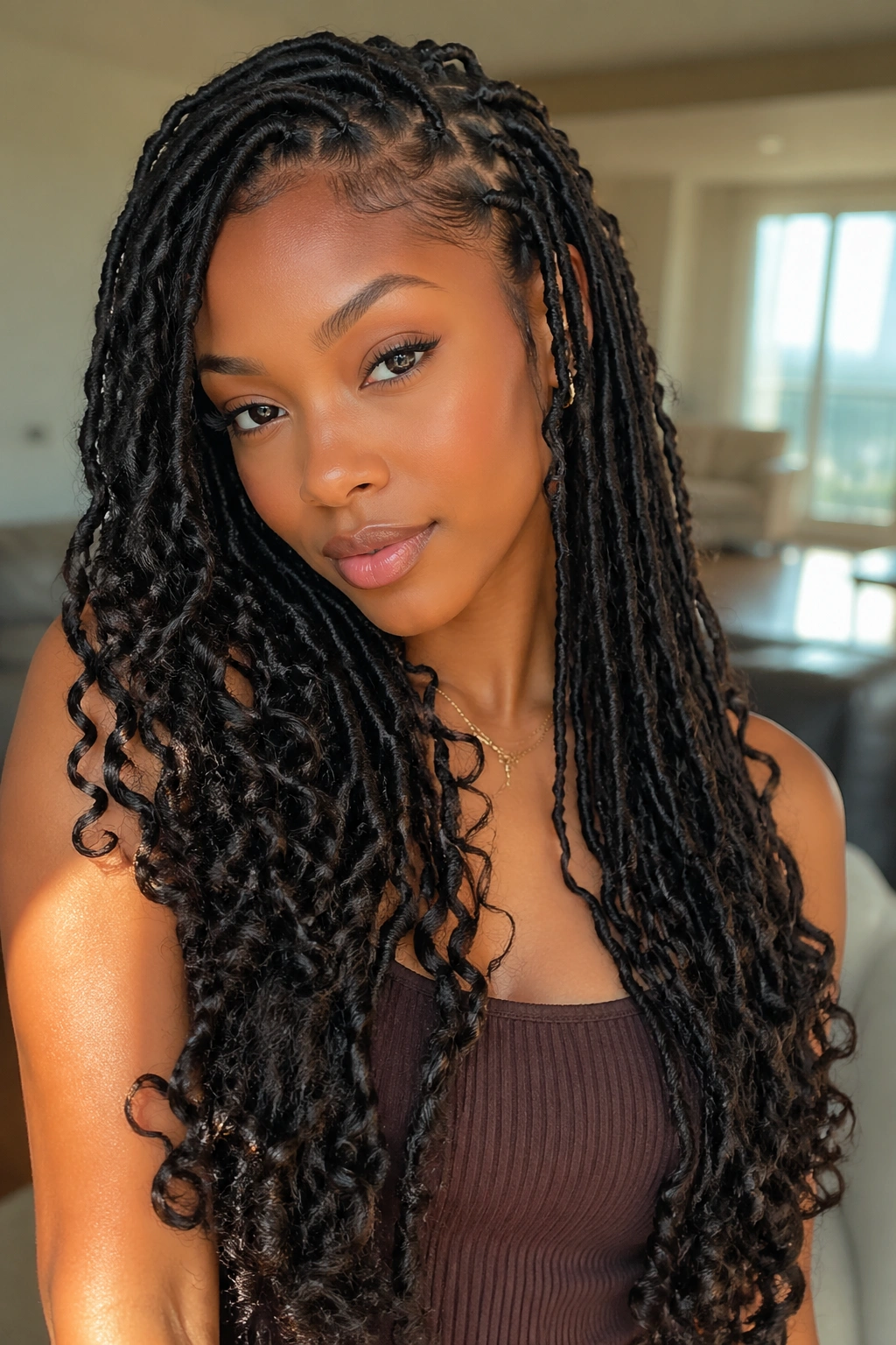 Close-up portrait of a real woman wearing butterfly locs pondo in warm window light