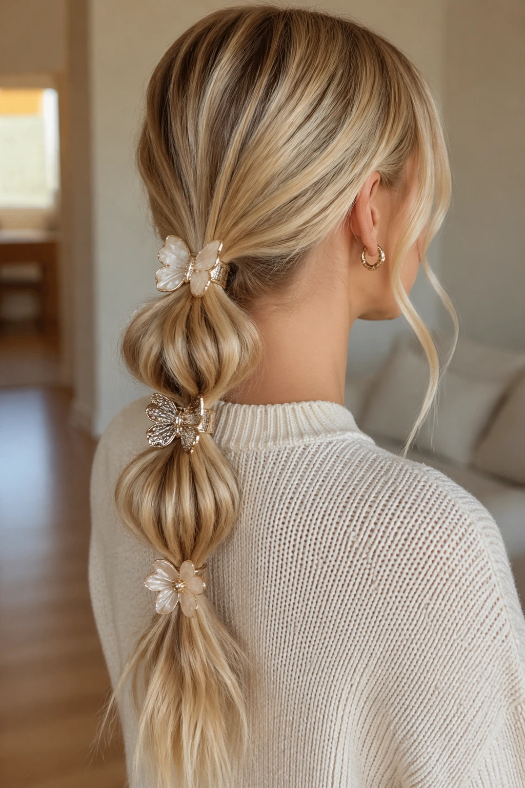 Close-up of a real woman with a low bubble butterfly ponytail and oversized clips.