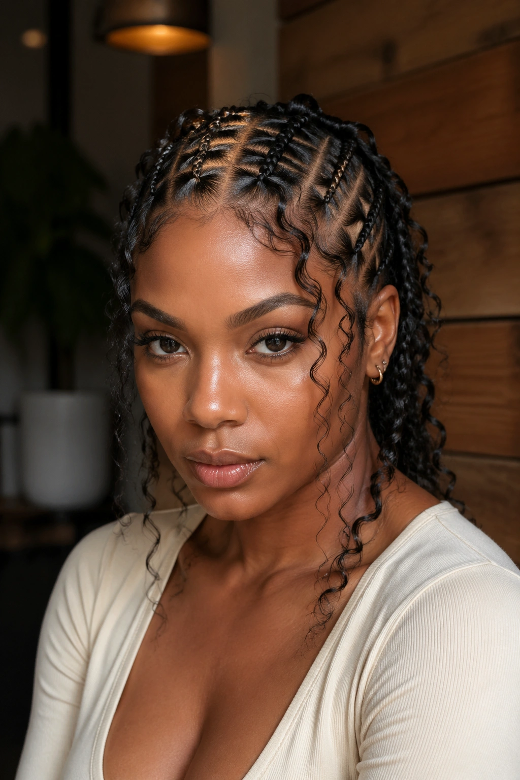 Close-up of butterfly stitch cornrows with stitch braids and wispy curls on a real person