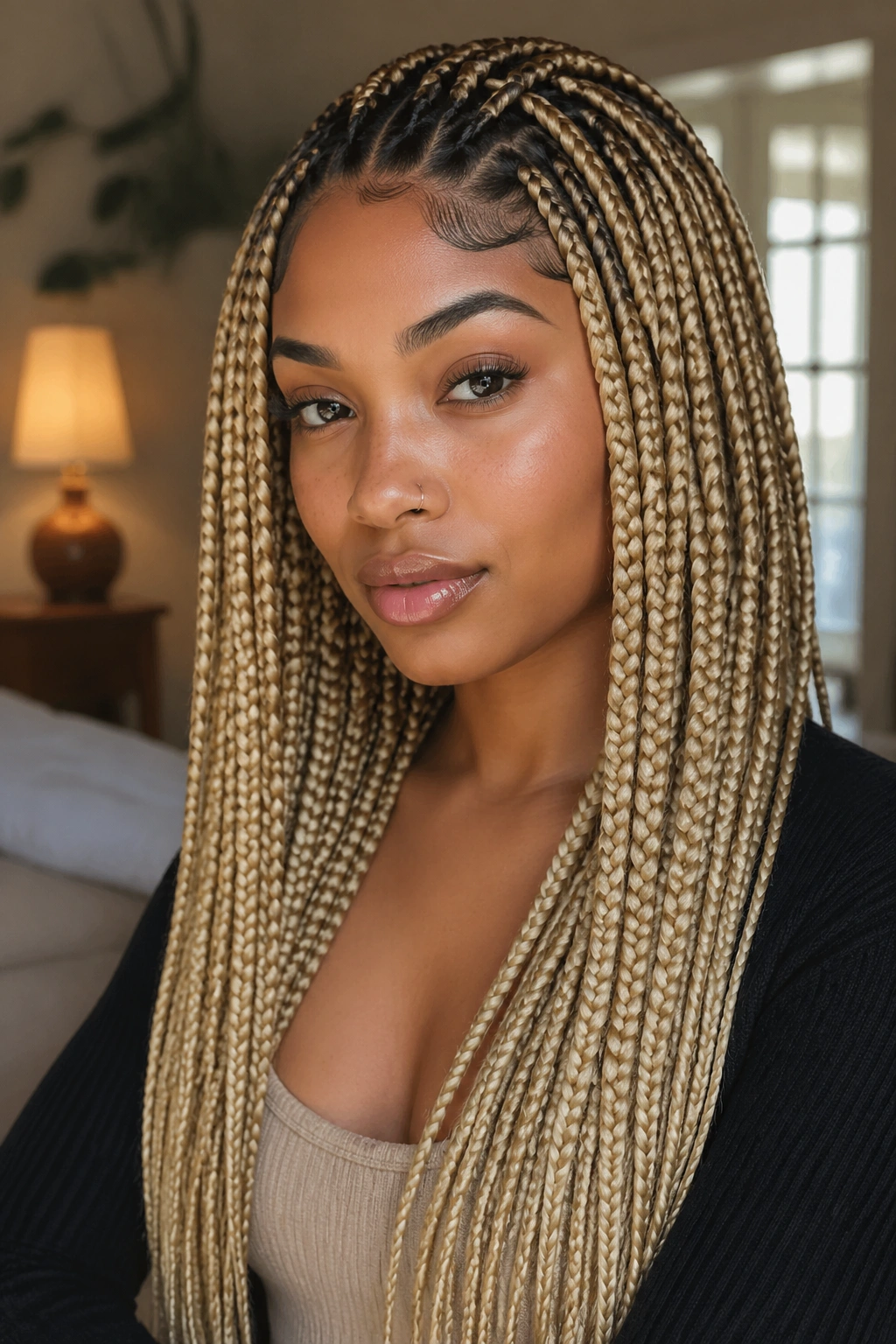 Real woman with buttery blonde braids and darker root shadow