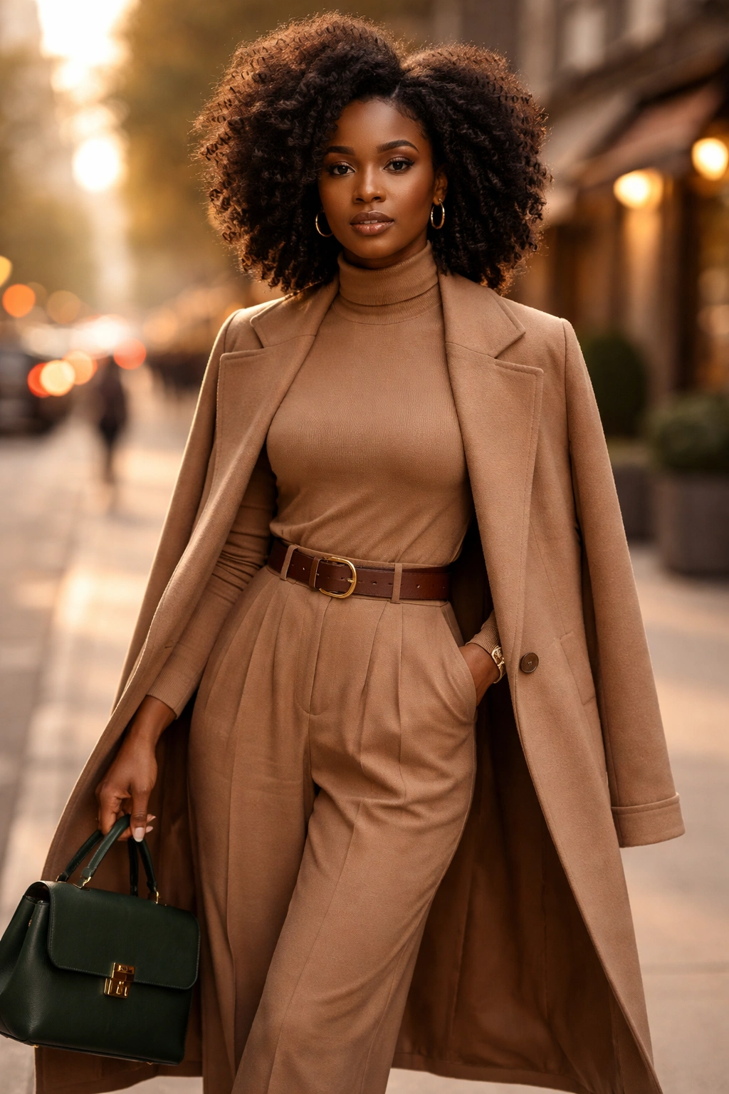 Portrait of a person in camel-toned turtleneck and trousers with camel coat