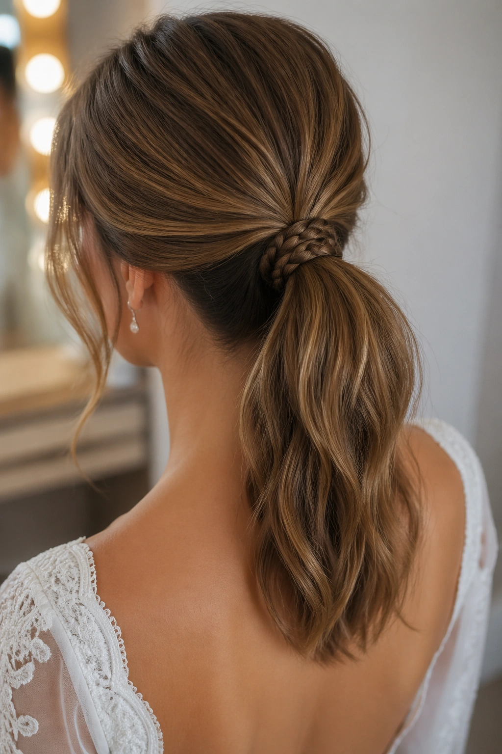 Back three-quarter view of bride showing camouflage braid around ponytail base