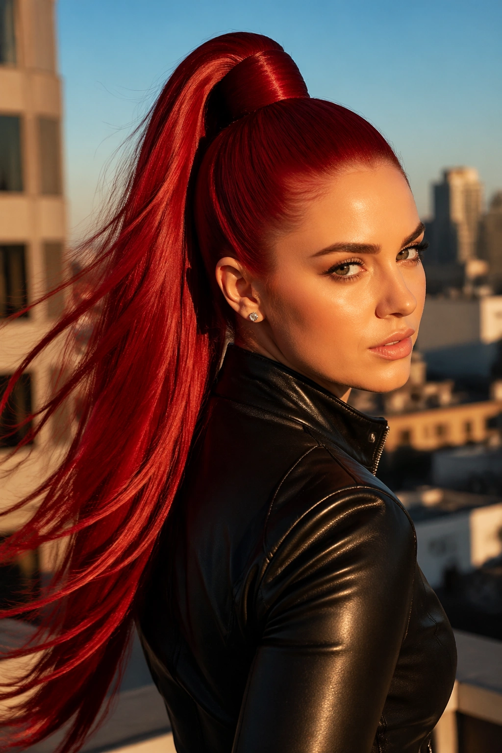 Candy-apple red glossy high ponytail in golden hour city