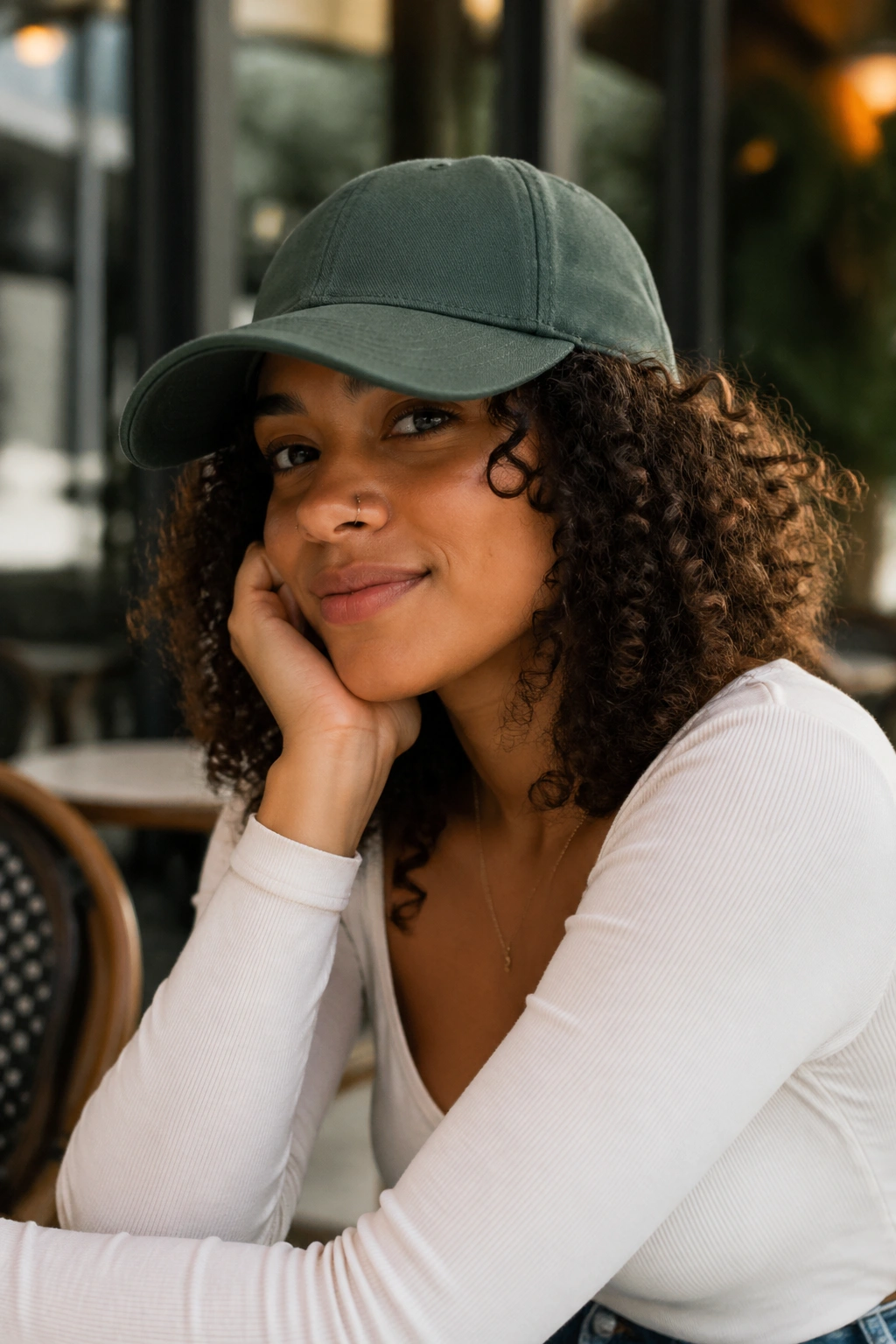 Real person wearing a forward-placed cap with curls spilling around sides