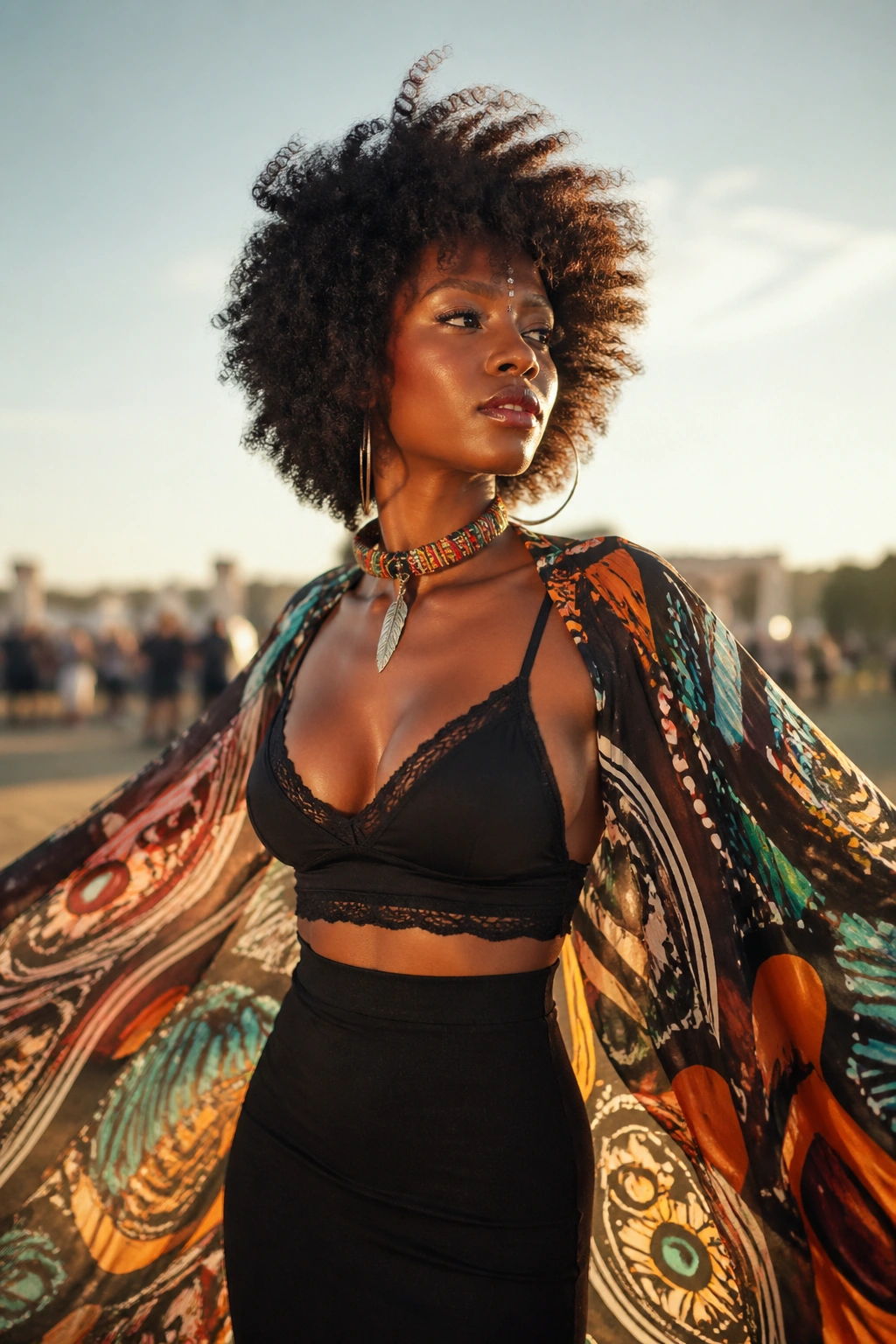 Real person wearing cape over bralette and high-waisted skirt at a festival