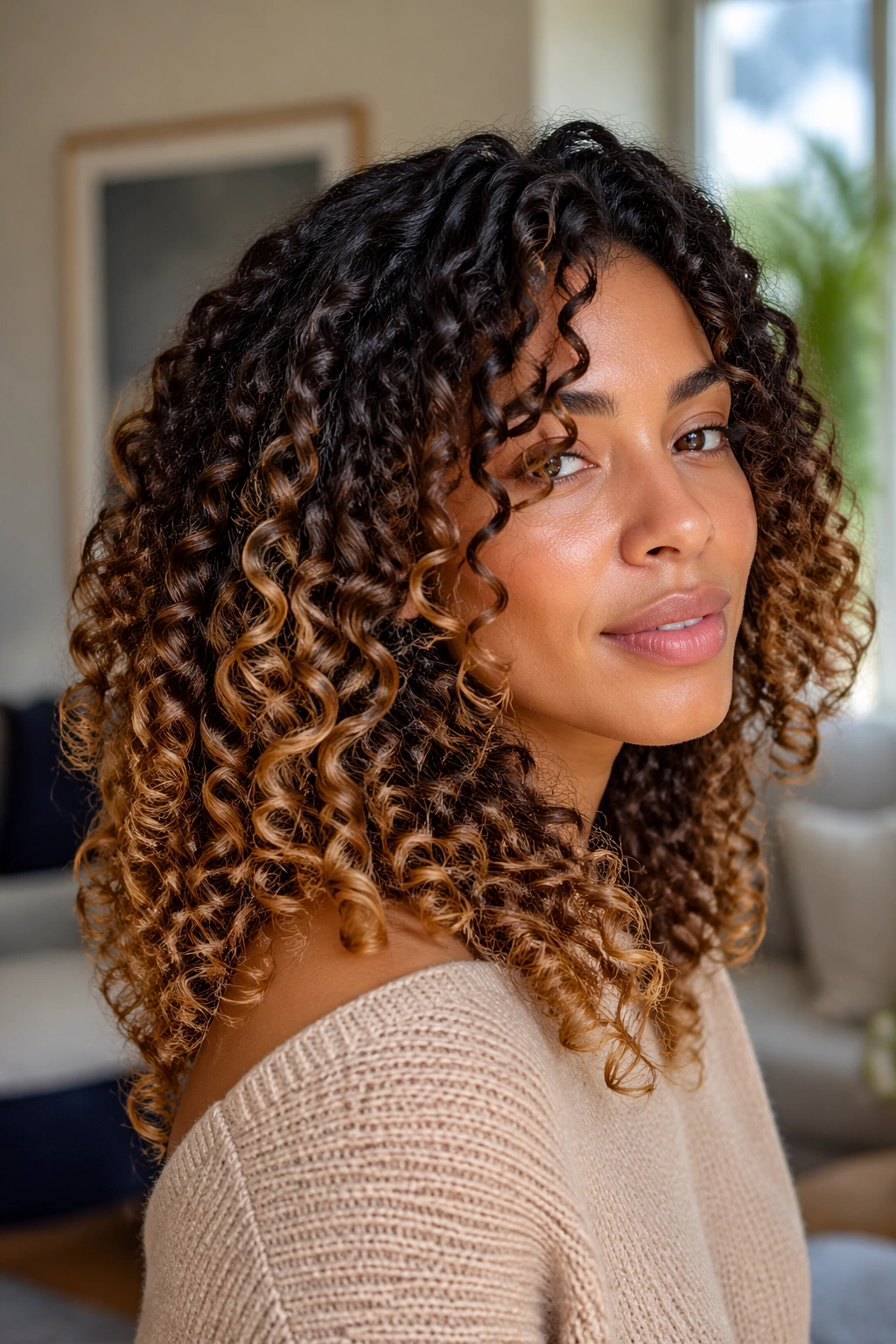 Close-up of a real woman's 3B spiral curls with caramel balayage