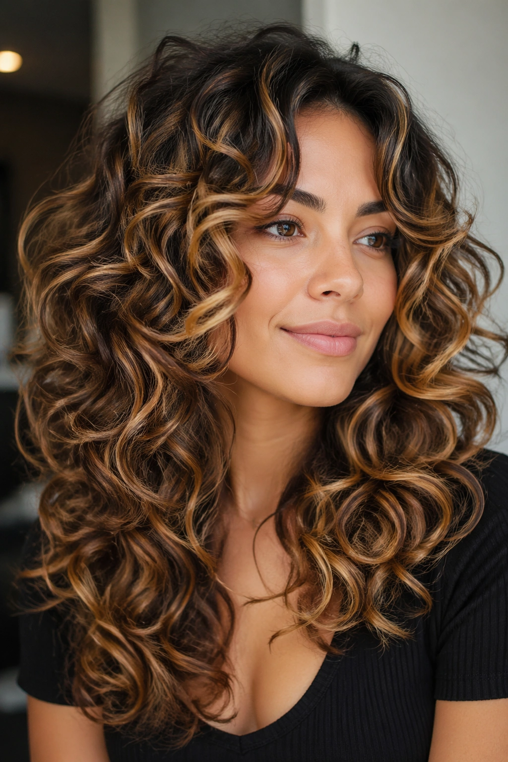 Close-up of long layered curls with caramel balayage showing warm ribbons and soft movement