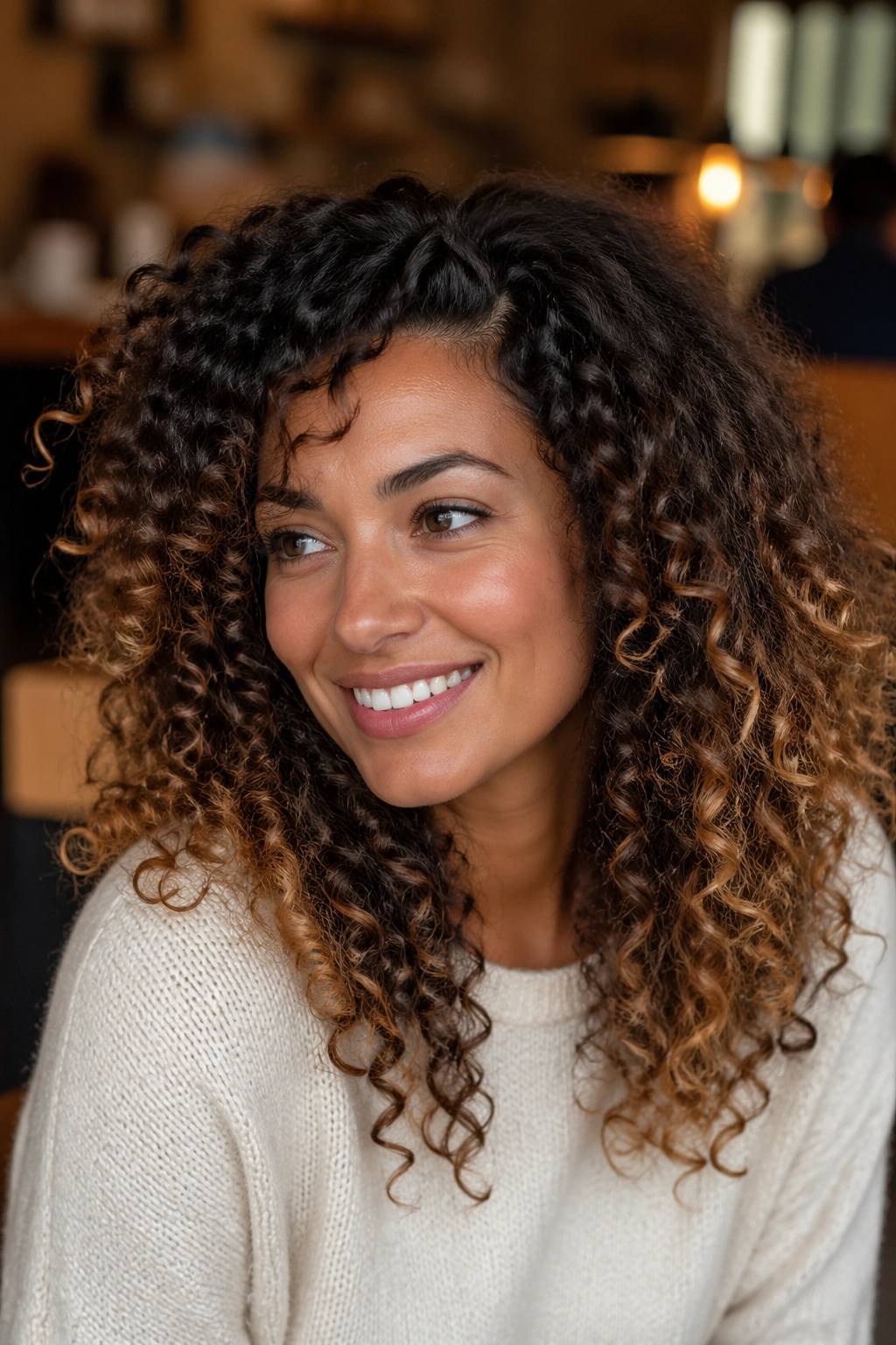 Close-up of a real woman with caramel balayage on dark curls in warm cafe light.
