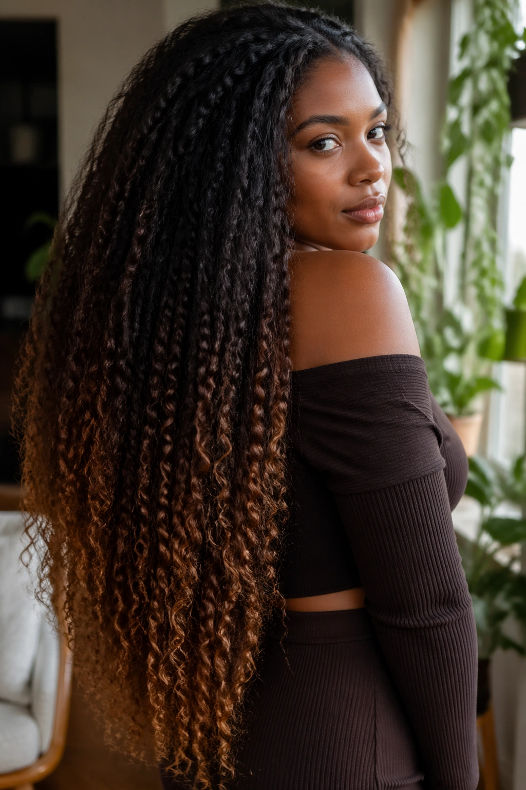 Close-up of real woman with waist-length caramel balayage hair, ends caramel, roots dark