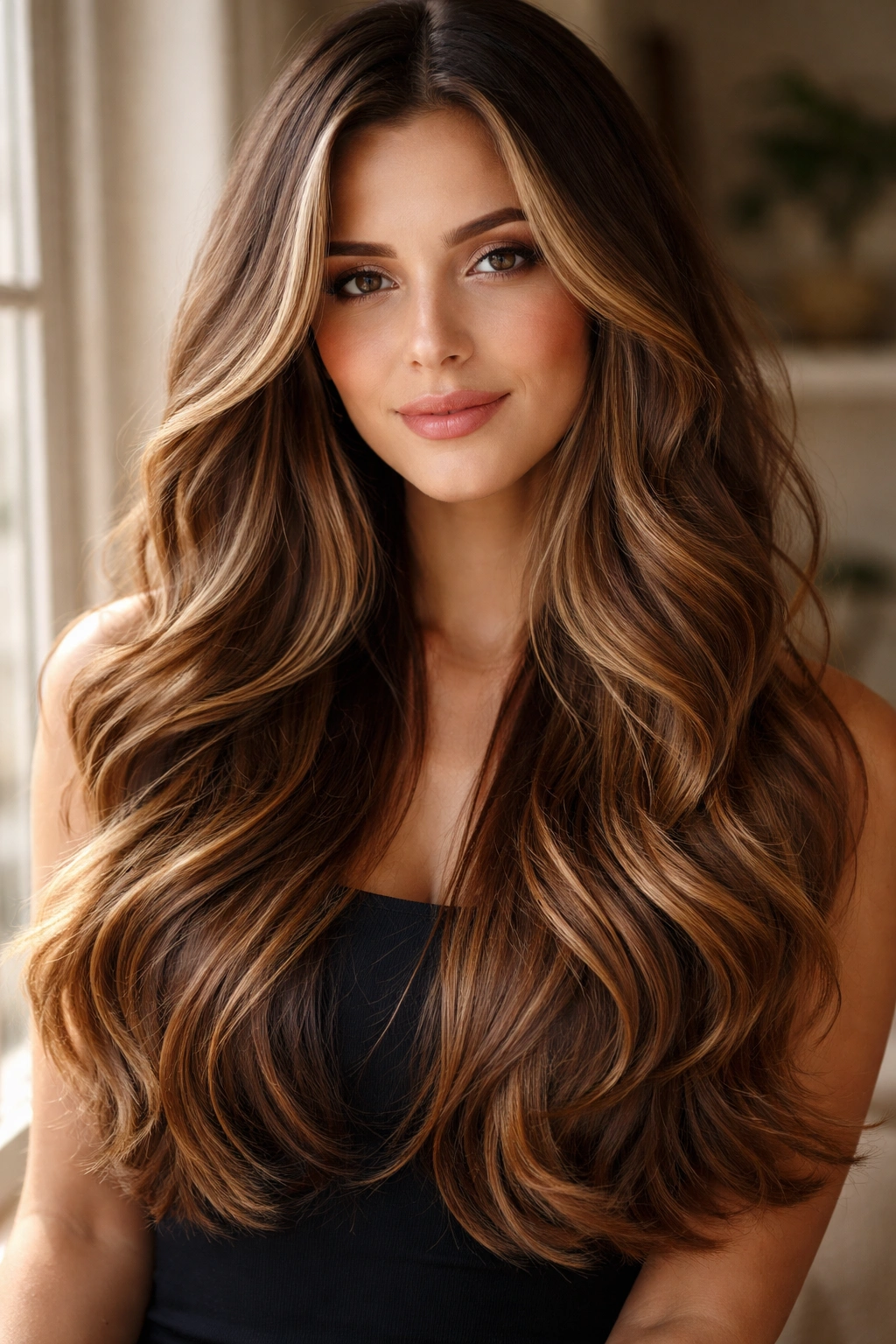 Close-up of a real woman with long cascading layers and caramel balayage