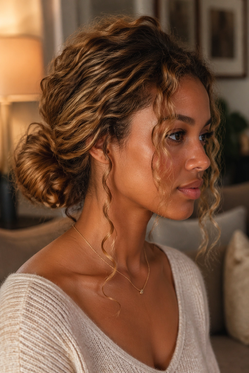 Portrait of a real woman with a caramel low bun and curling tendrils around the face.