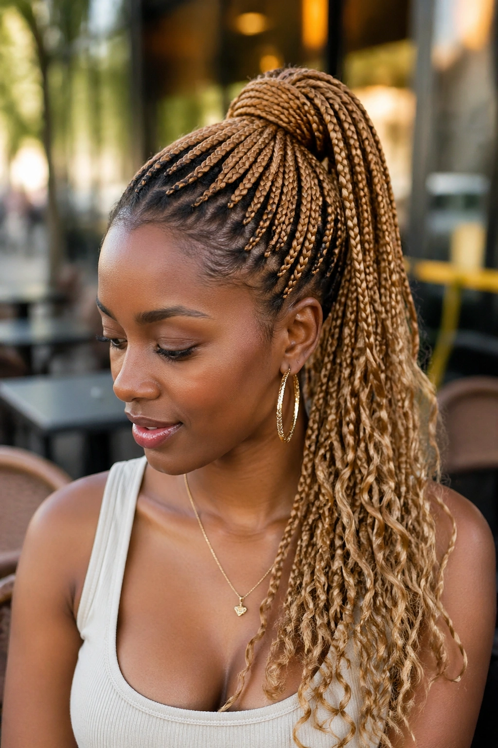 Portrait of a real woman with caramel blonde knotless braids in a high ponytail outdoors