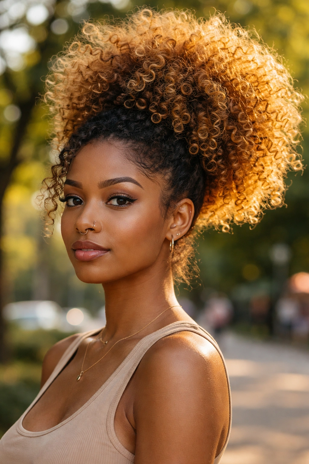 Real woman with caramel blonde curly puff in outdoor setting