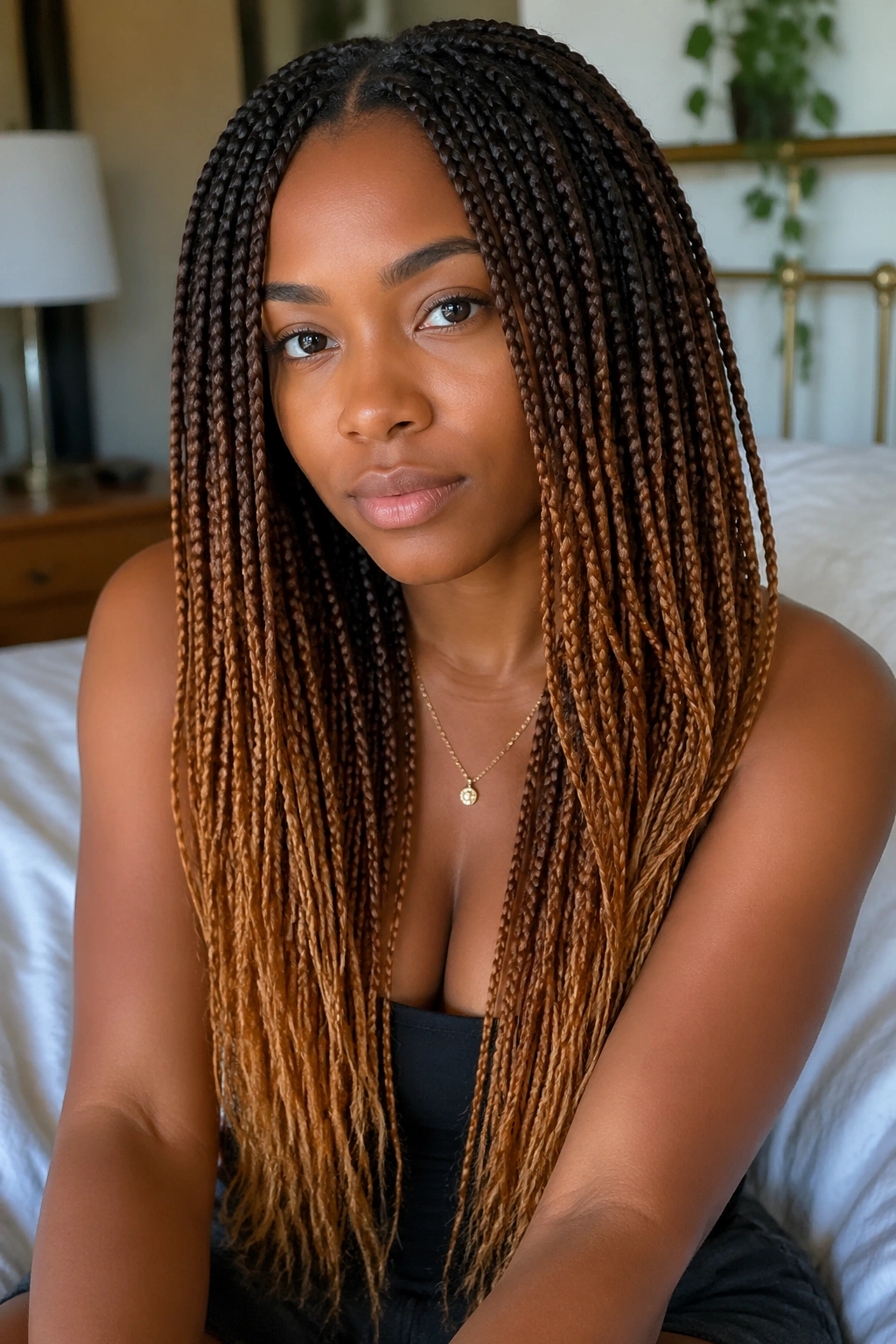 Close-up of a real woman with caramel-dipped small box braids in a brown-to-caramel ombre