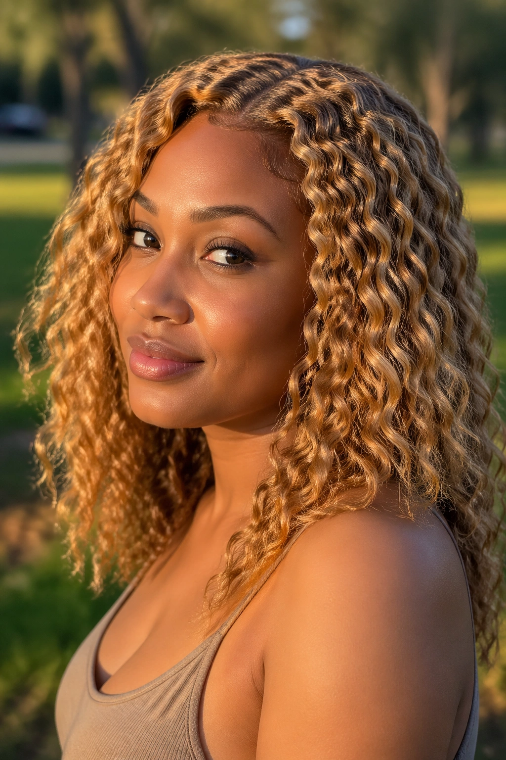 Close-up of a real woman with caramel braid-out hairstyle