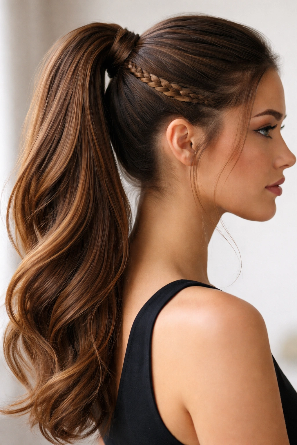 Caramel-brown high ponytail with a small base braid anchored at the crown