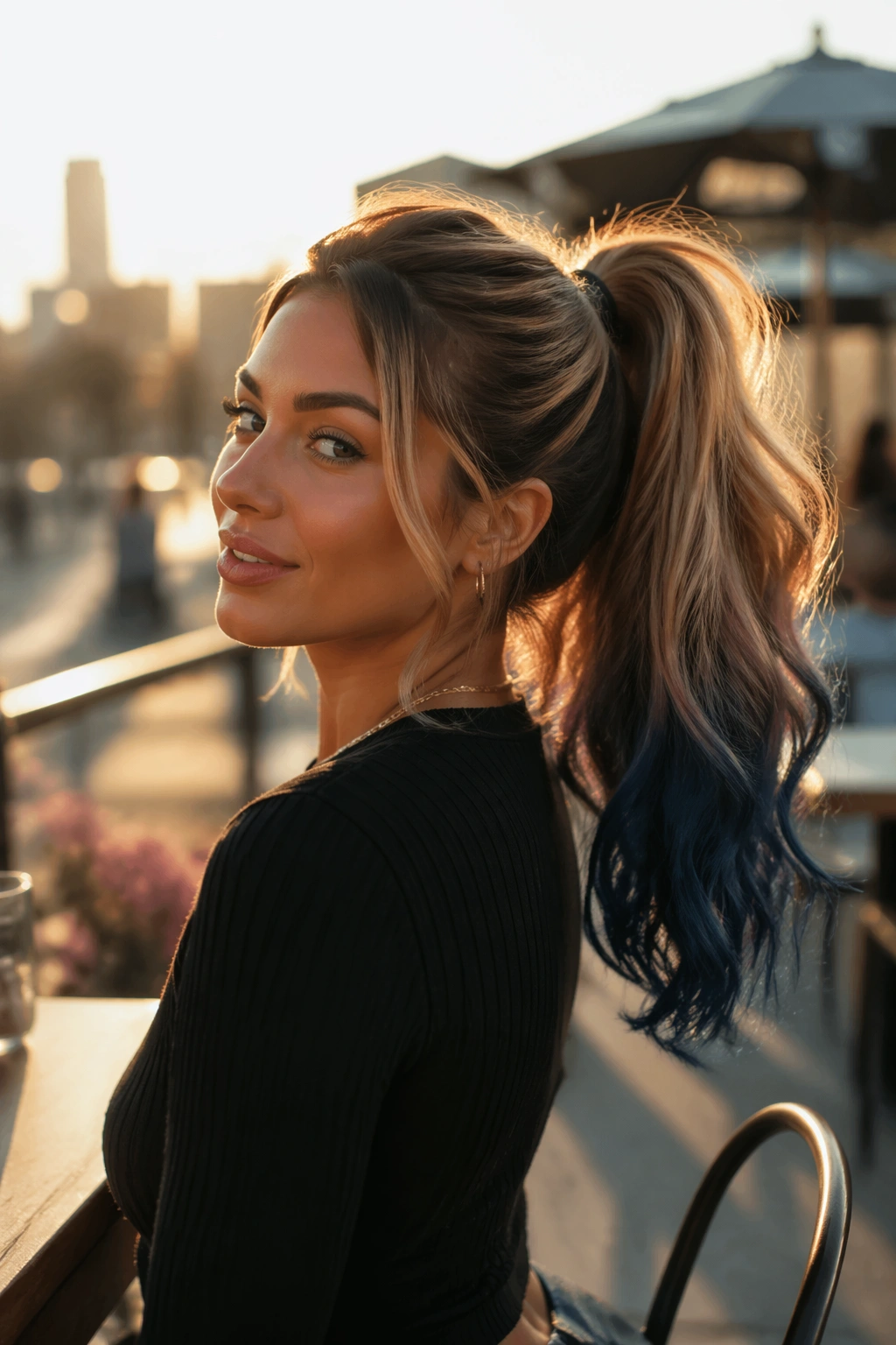 Medium portrait of a real person with caramel bronde to blue-black tips ponytail outdoors