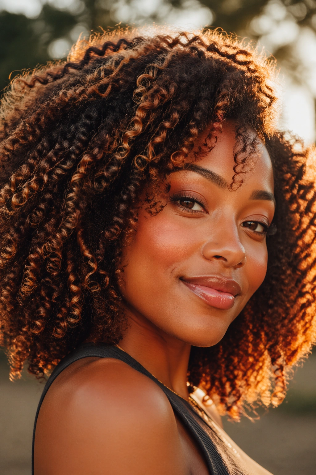 Natural hair with caramel and copper blend highlights on a real person