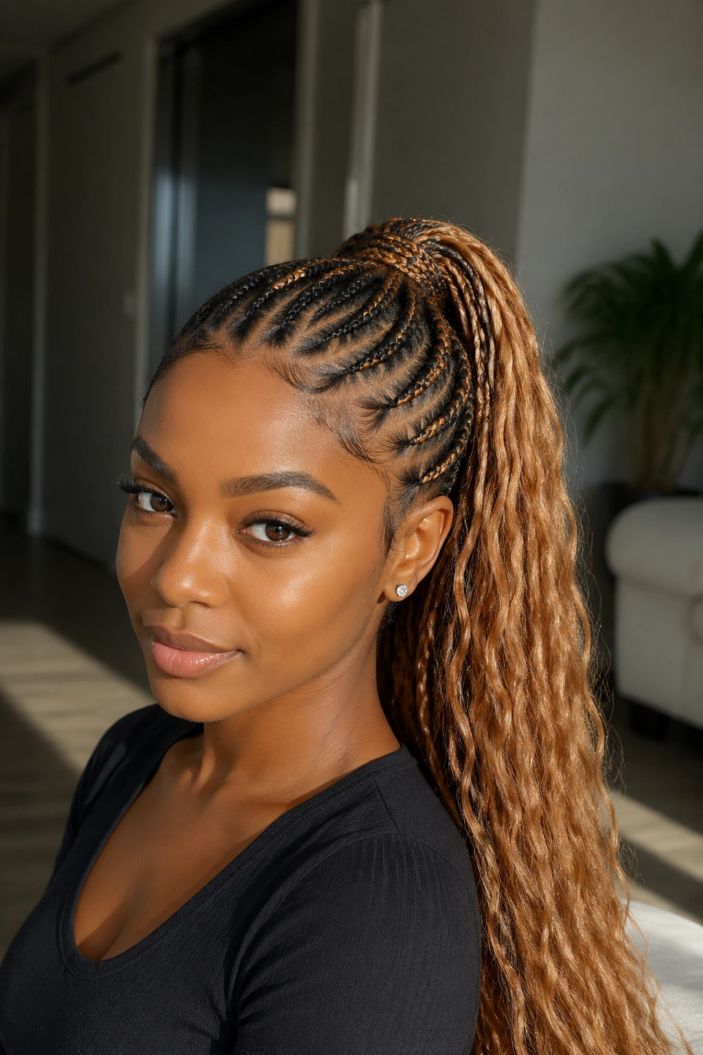 Close-up of a real woman with caramel cornrow ponytail in a bright interior