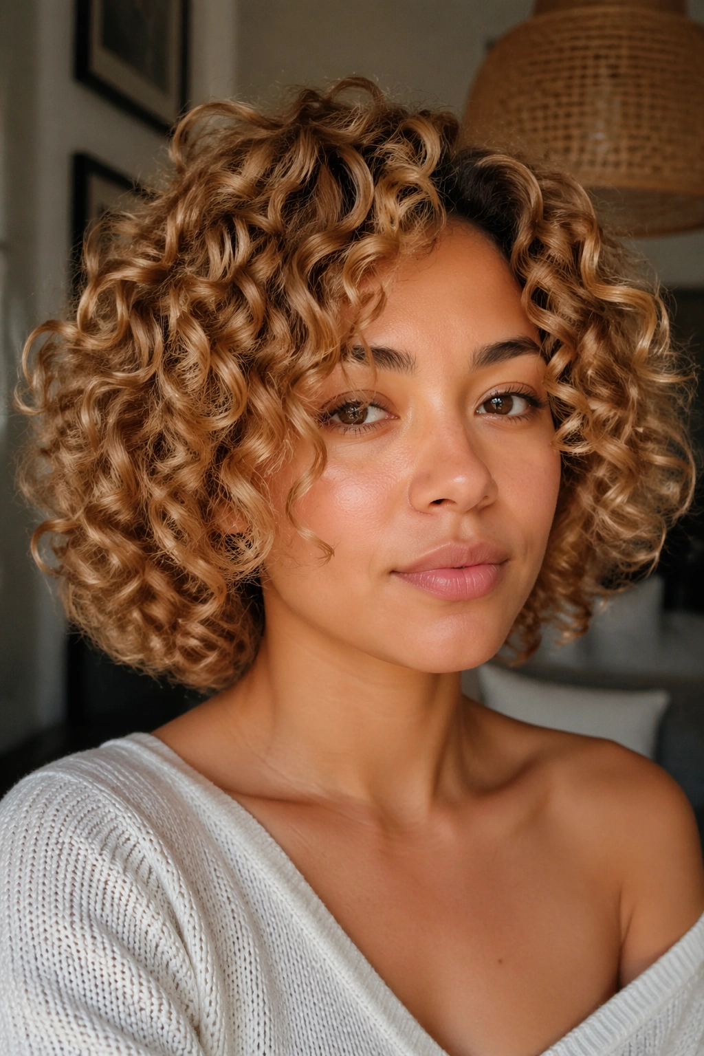Close-up of a real woman with a chin-length caramel blonde curly bob