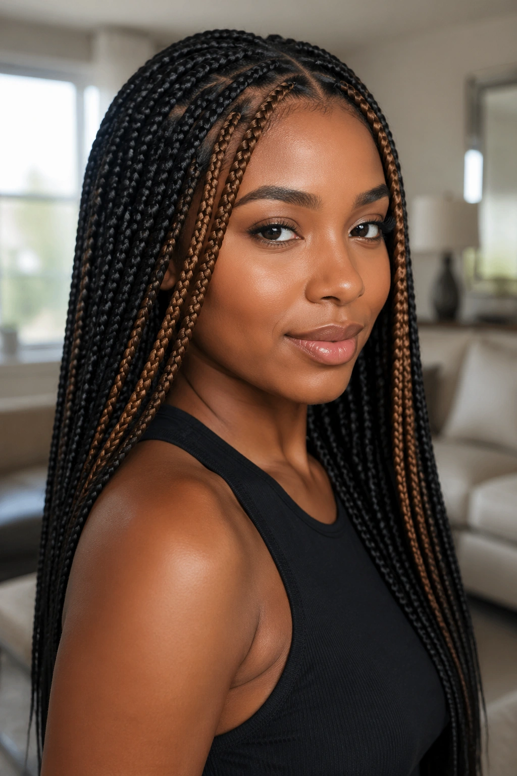 Close-up of caramel face-framing peekaboo braids brightening the face.