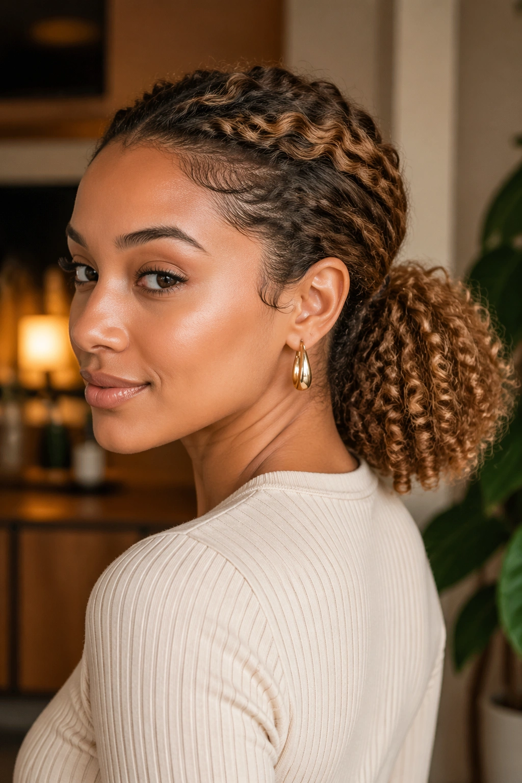 Three-quarter portrait of a real woman with caramel puff ponytail at the nape