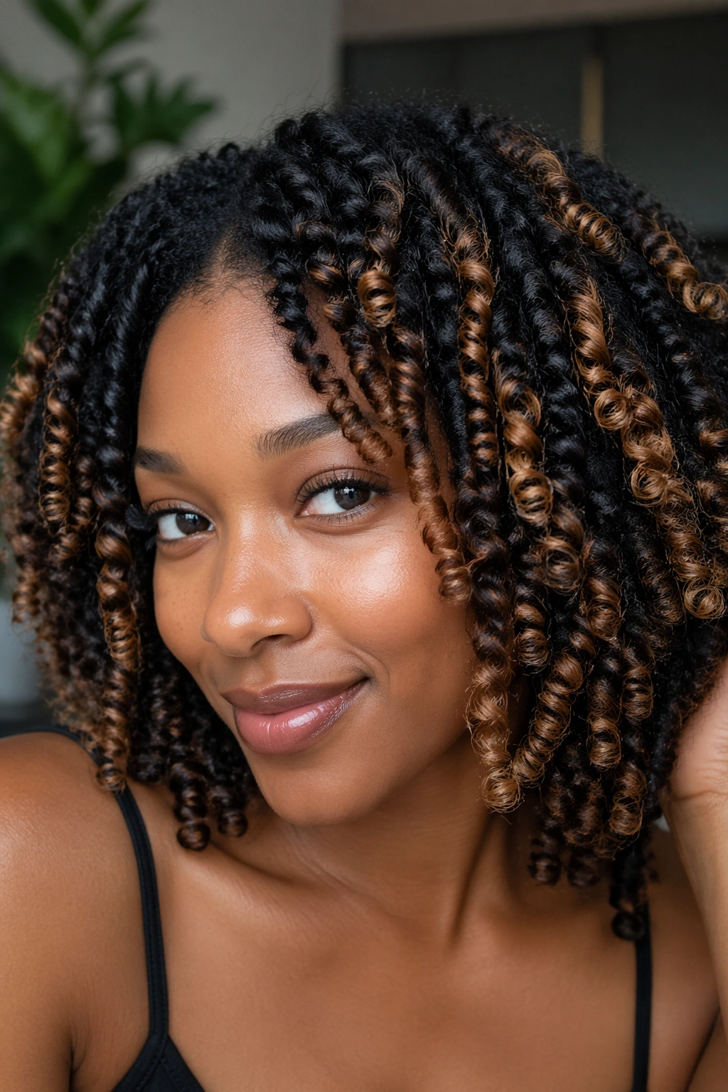 Close-up of a real woman's twist-out with caramel highlight pops