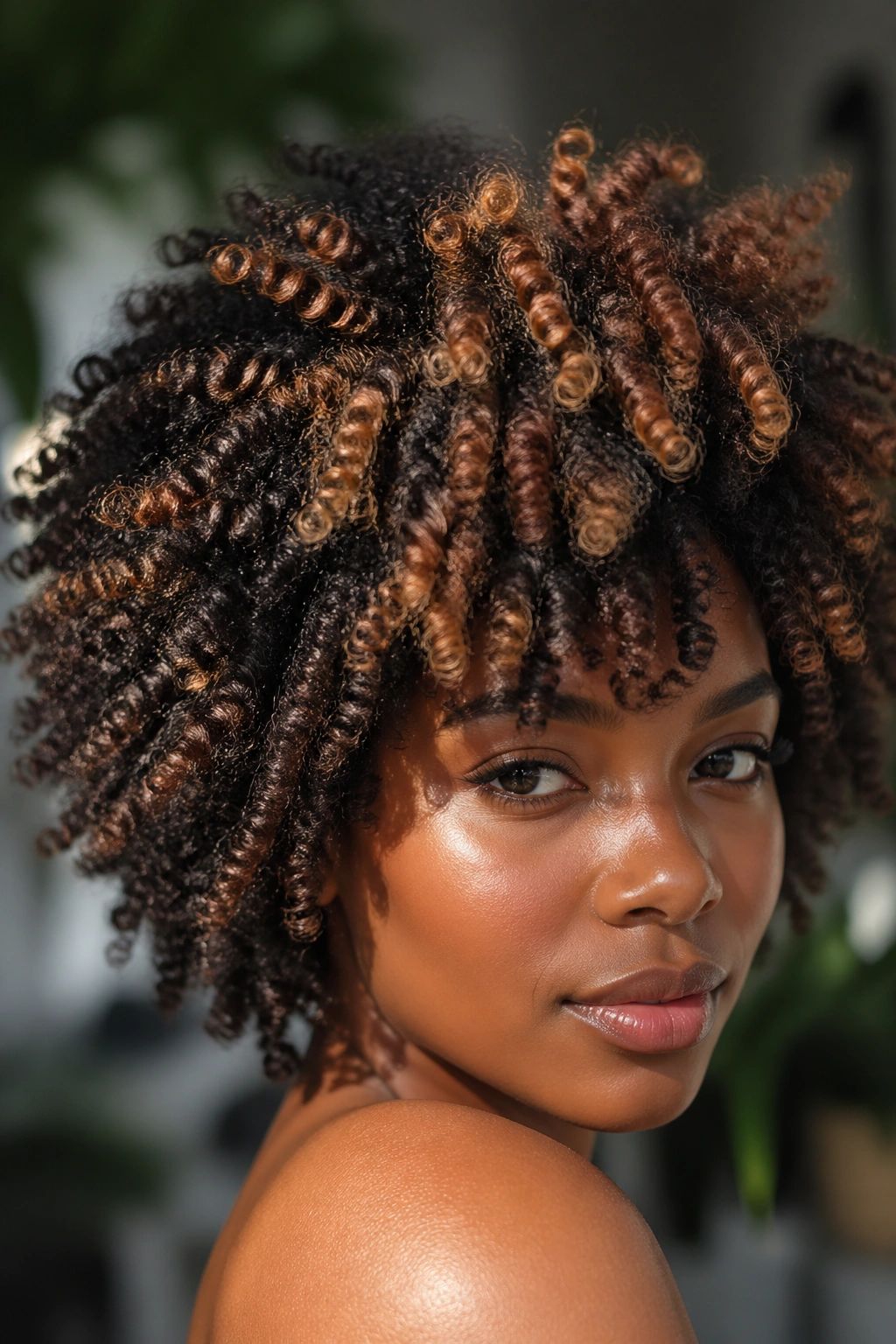 Close-up of a real person with caramel highlights on 4C curls.