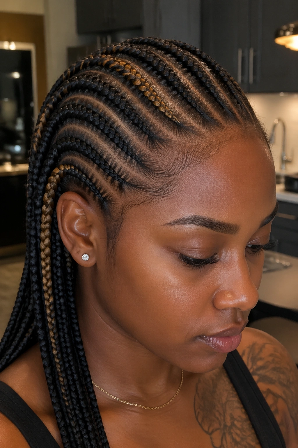 Close-up of black cornrows with caramel highlight braids
