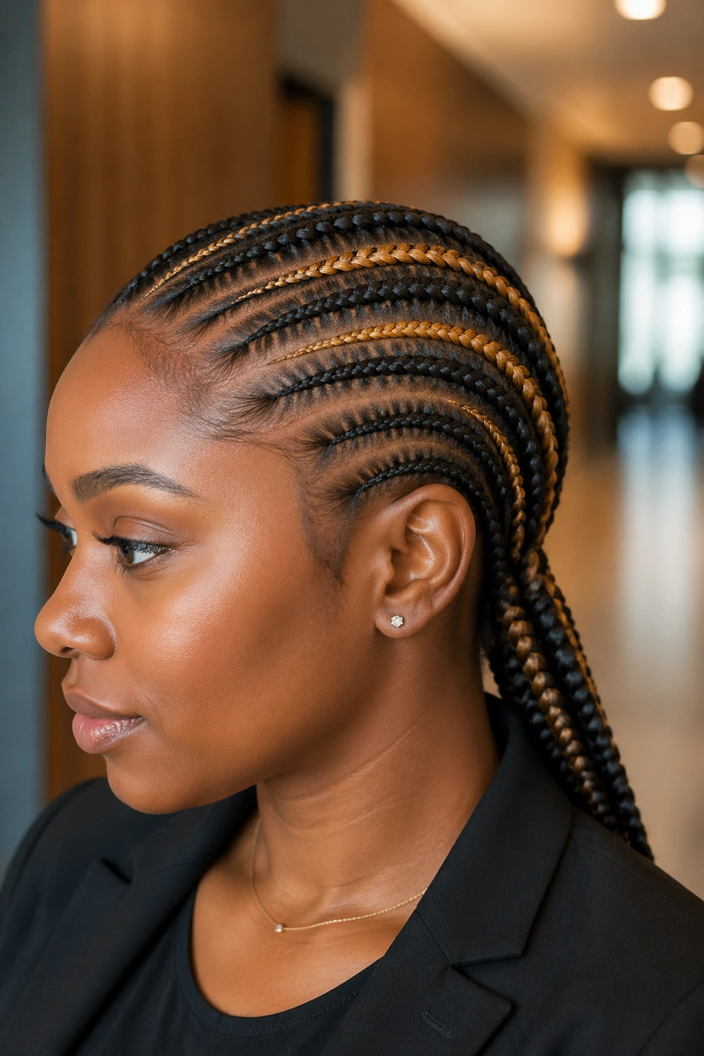 Close-up of a real person with caramel-highlighted black cornrows