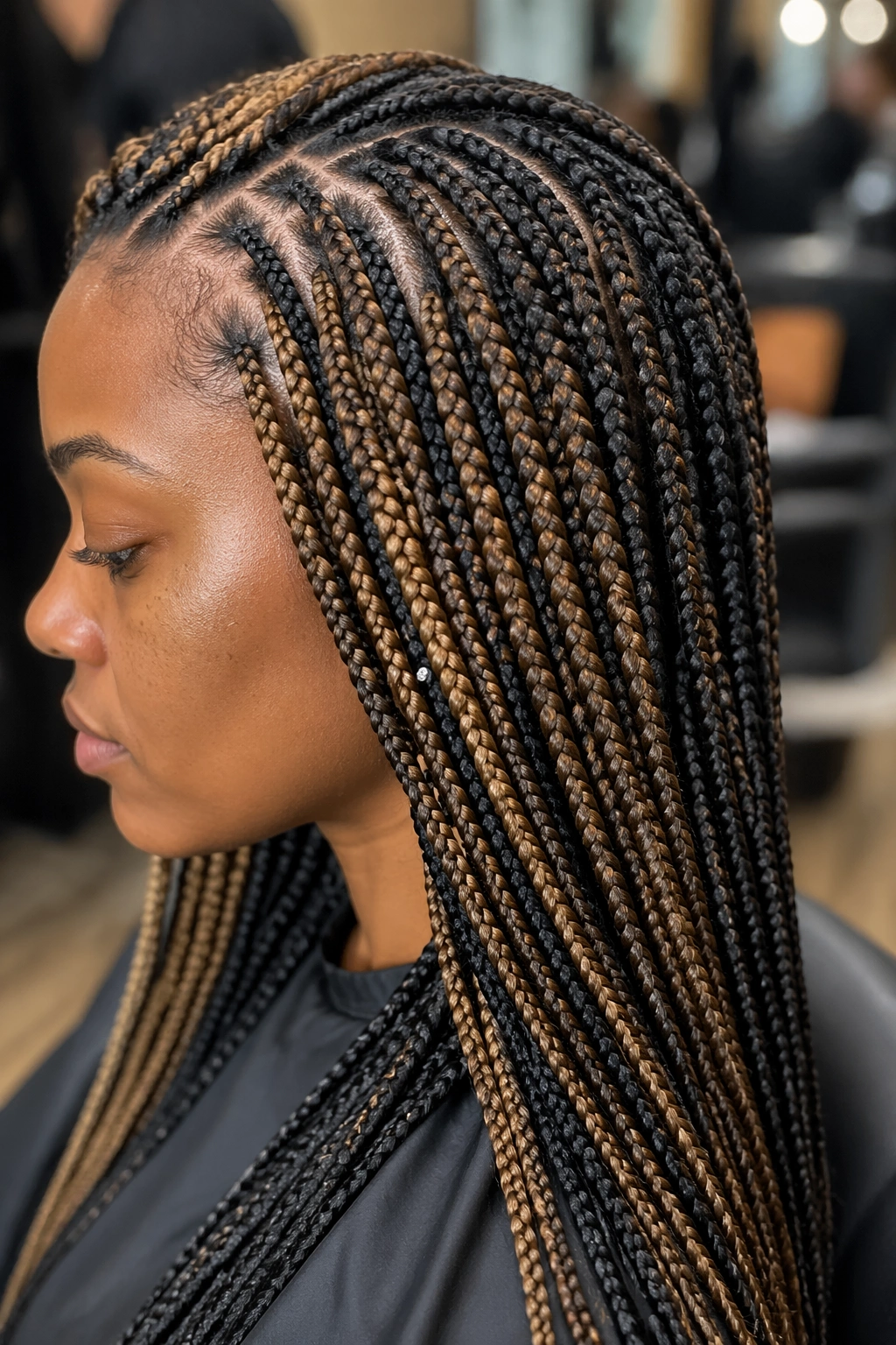 Box braids with caramel highlights on a real person in a salon