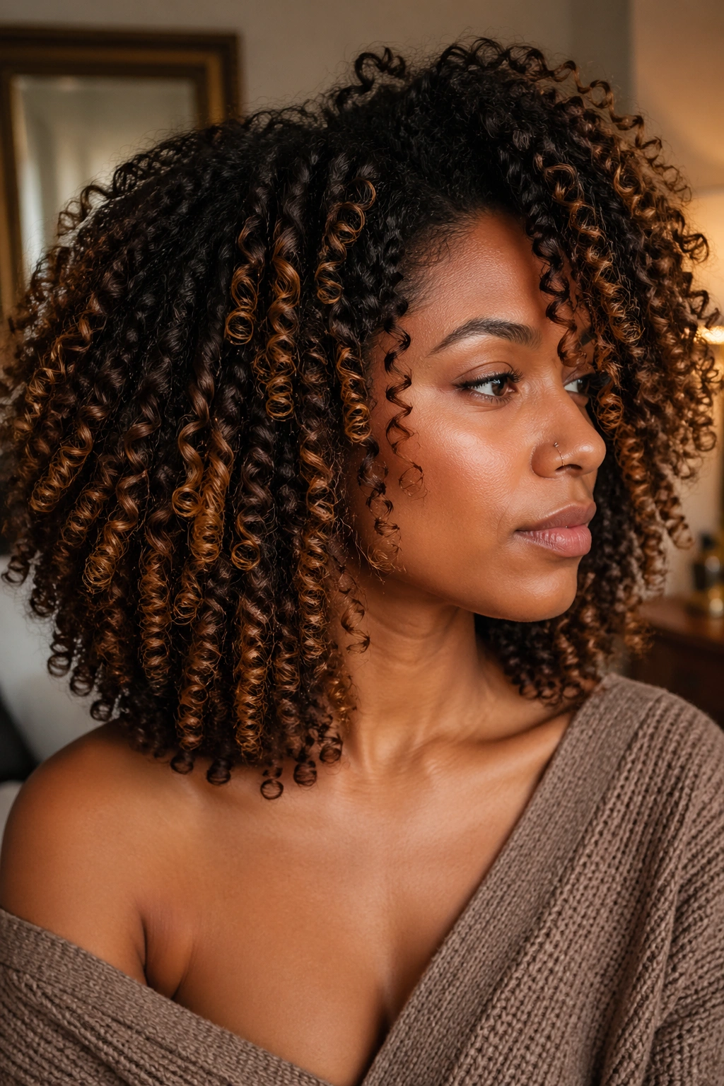 Close-up of dark natural curls with caramel highlights