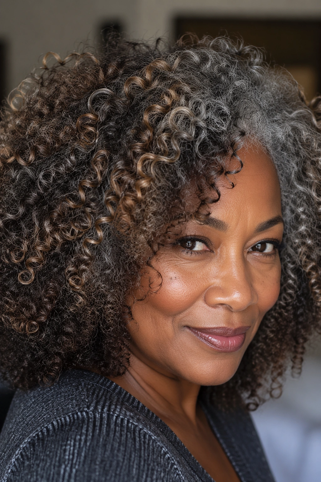 Salt-and-pepper hair with caramel highlights on a real person