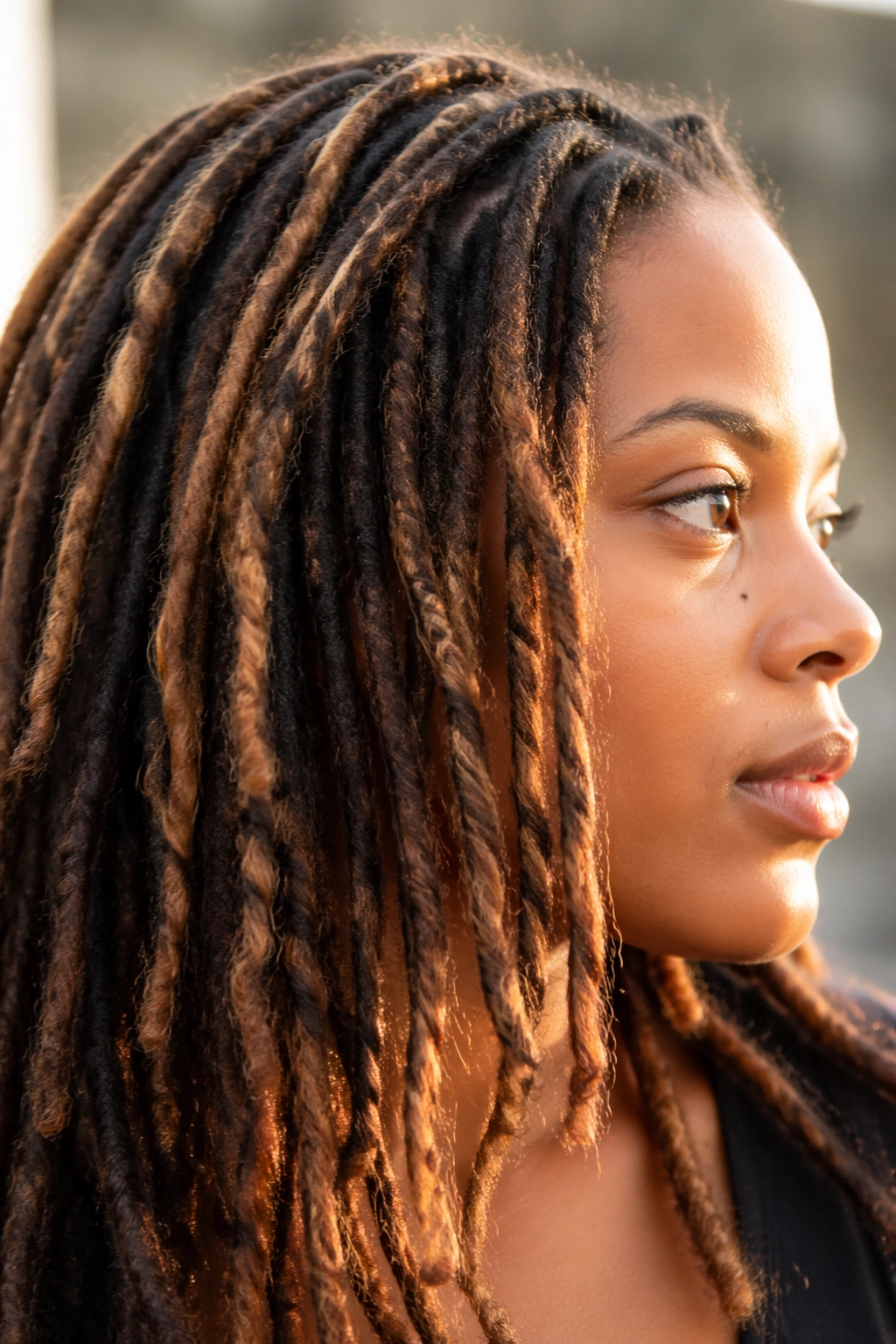 Close-up of a real person’s locs with caramel highlights on the outer surface