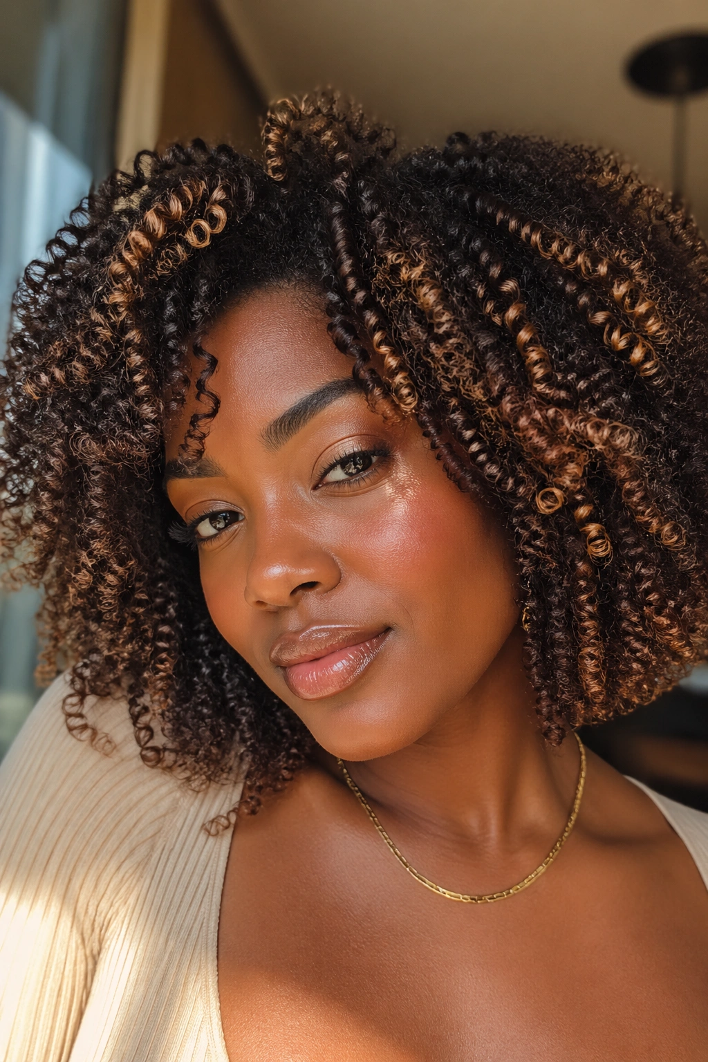 Close-up portrait of a real woman with dark natural hair and caramel highlights in curls.