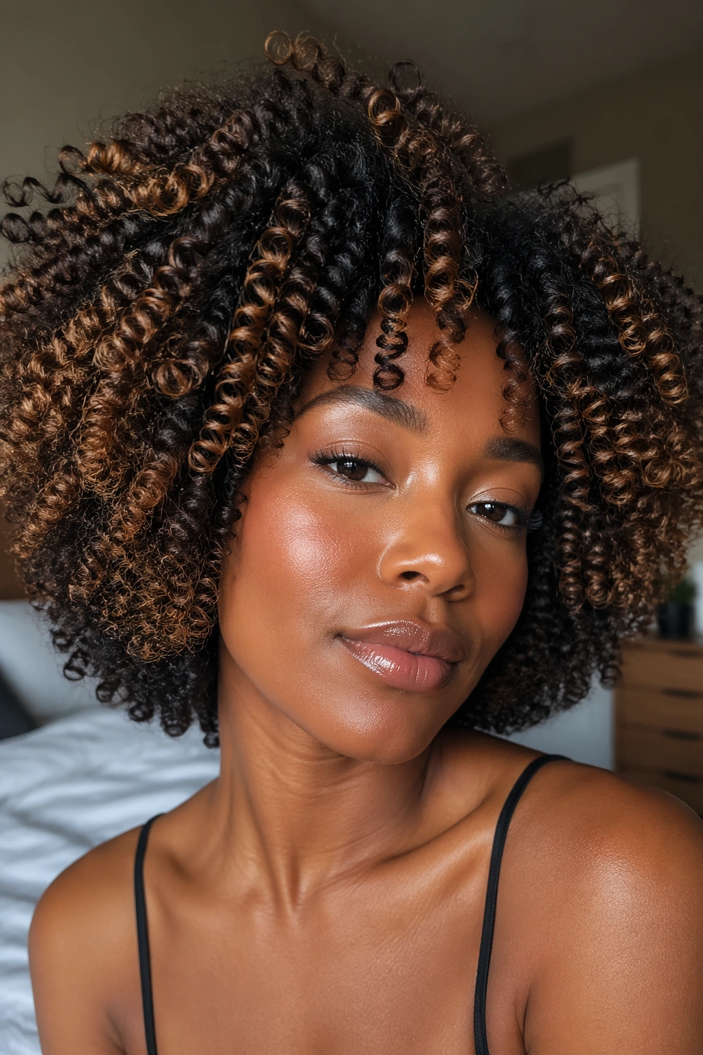 Close-up of a real woman's curly natural hair with caramel highlights