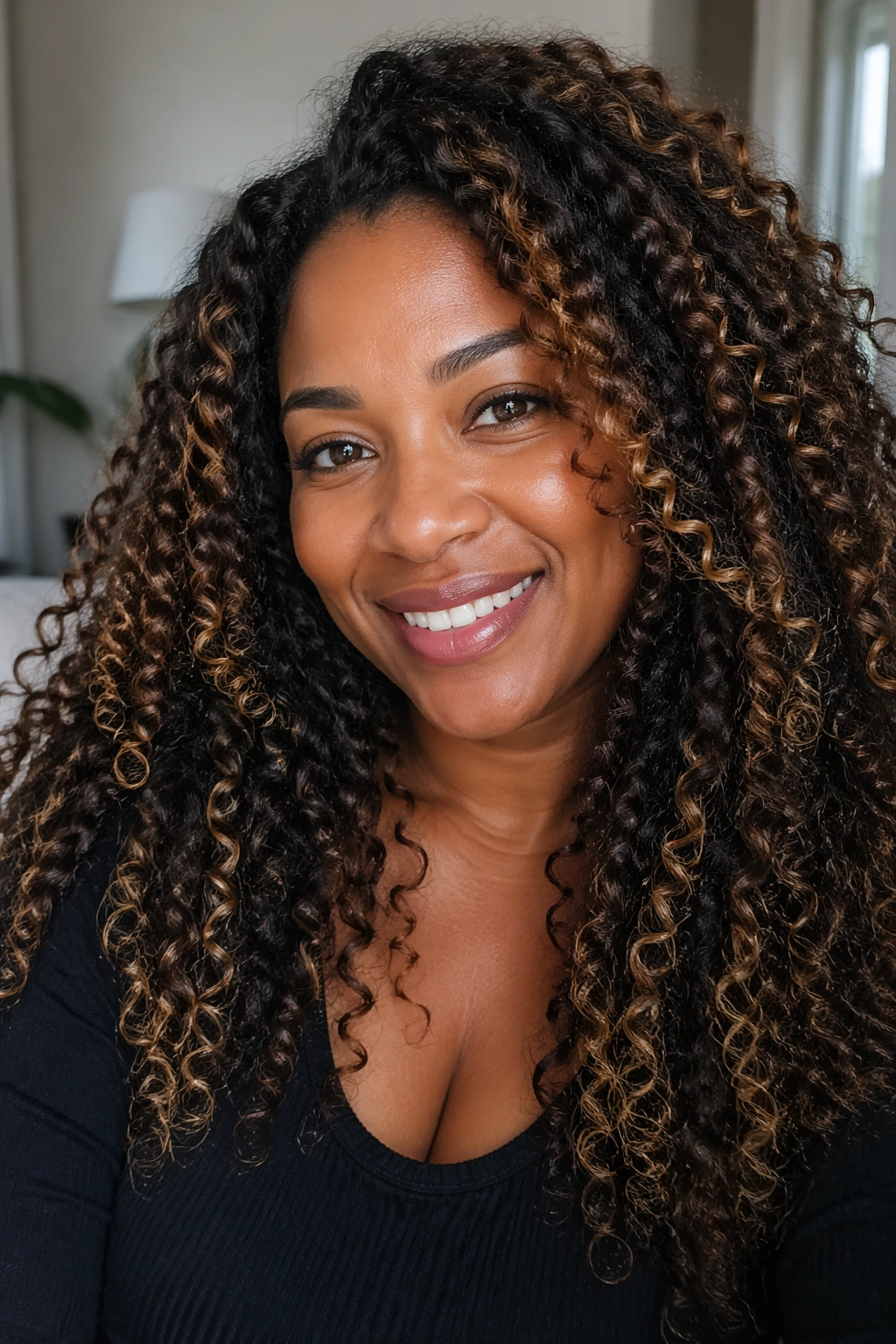 Close-up of real woman with caramel highlights refreshing an older color; highlights blend with base color