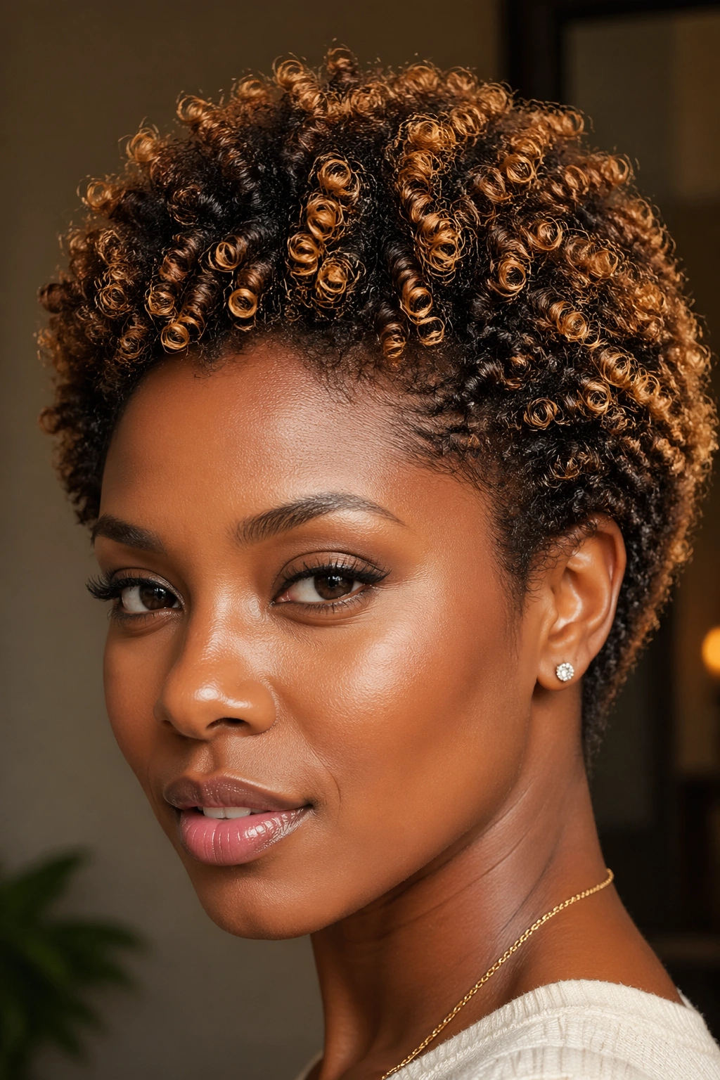 Close-up of short natural hair with caramel highlights on a real person