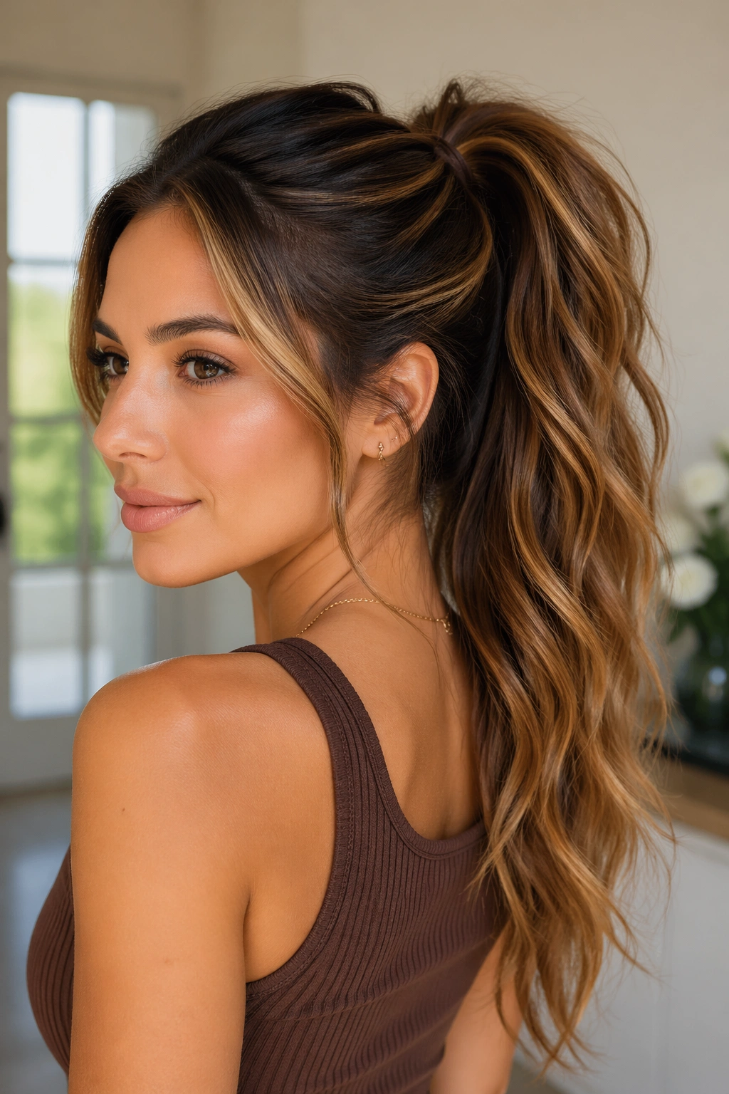 Close-up of a real woman with caramel highlights in soft waves tied into a ponytail