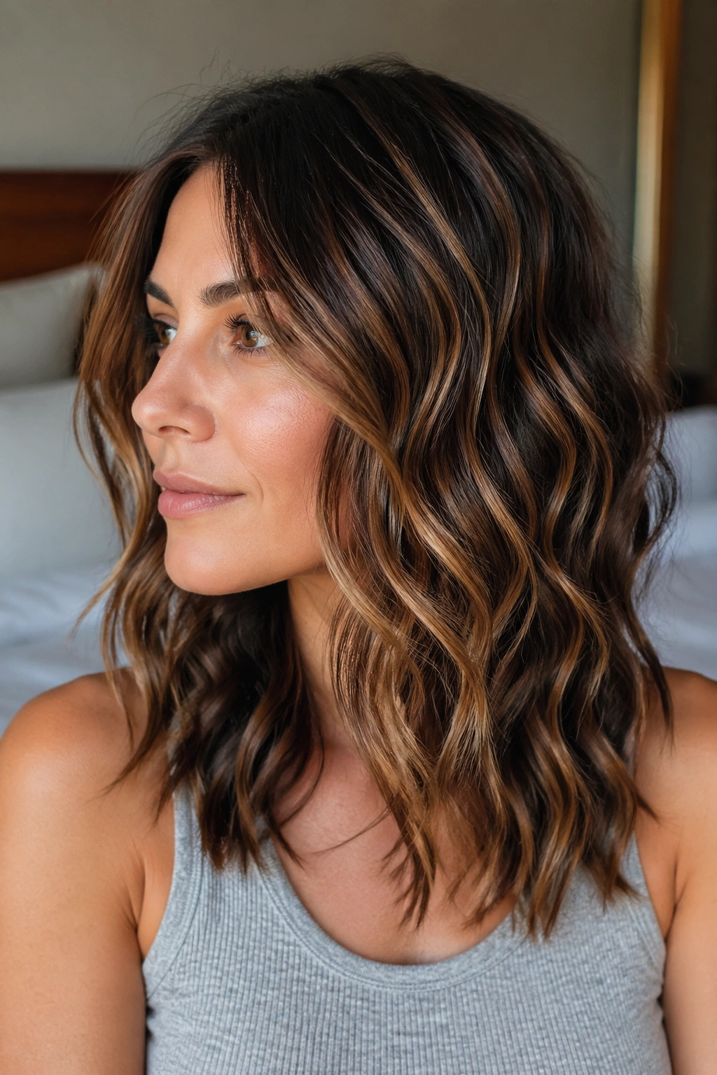 Close-up of dark shoulder-length wavy hair with caramel highlights throughout