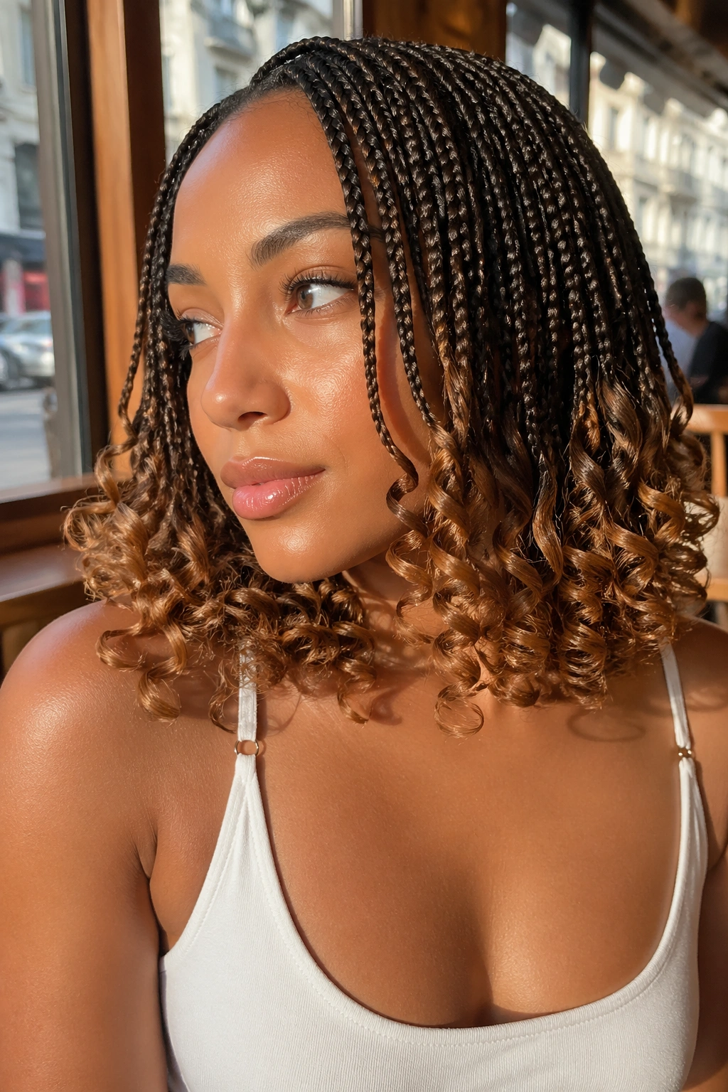 Close-up portrait of a woman with caramel knotless braids and curly ends.