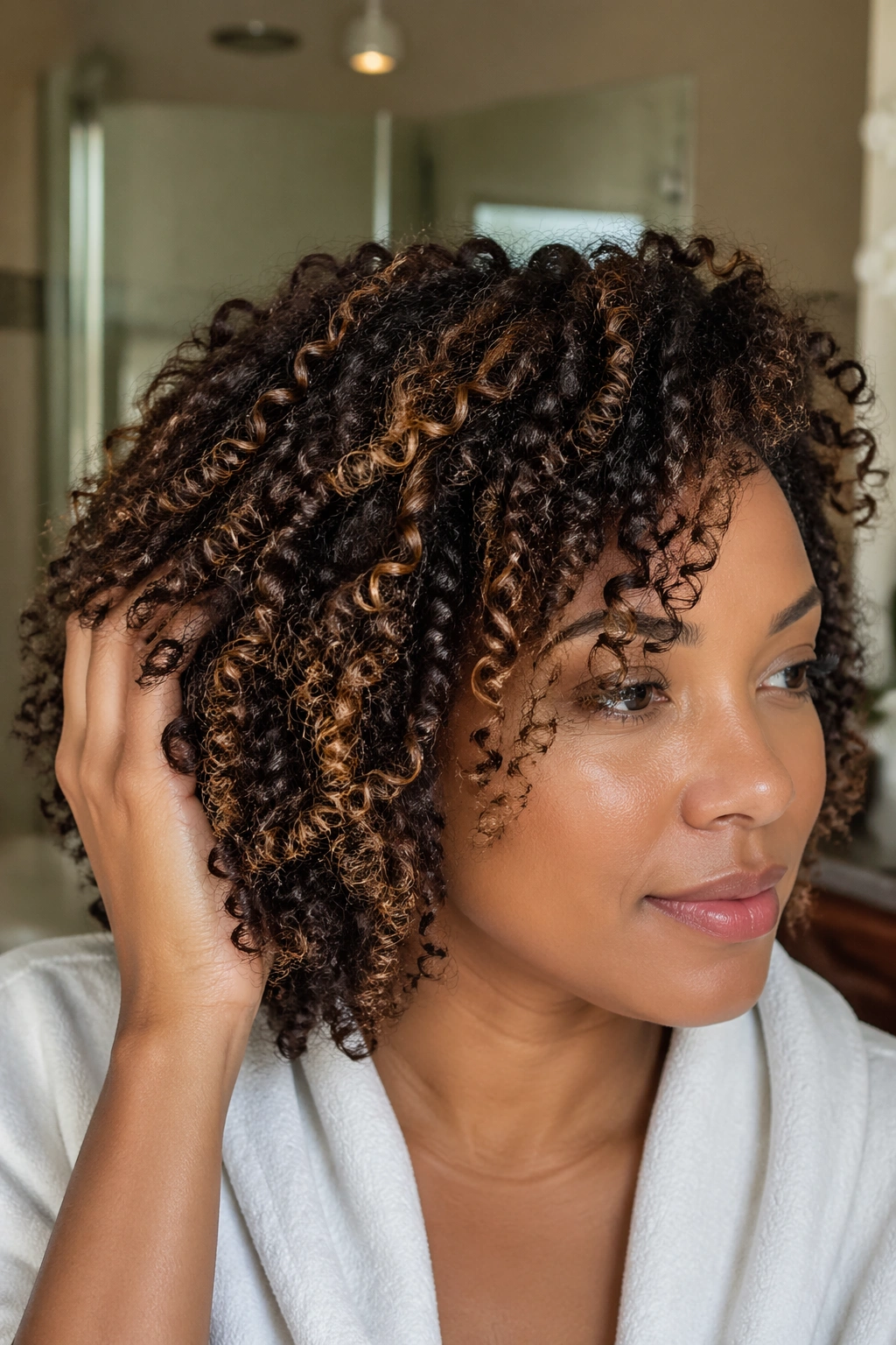 Close-up of moisturized highlighted curls in a warm bathroom setting
