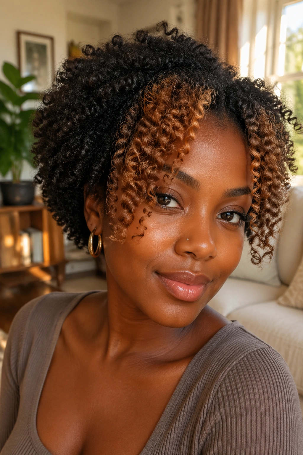 Close-up of a real woman with caramel money piece on 4c coils