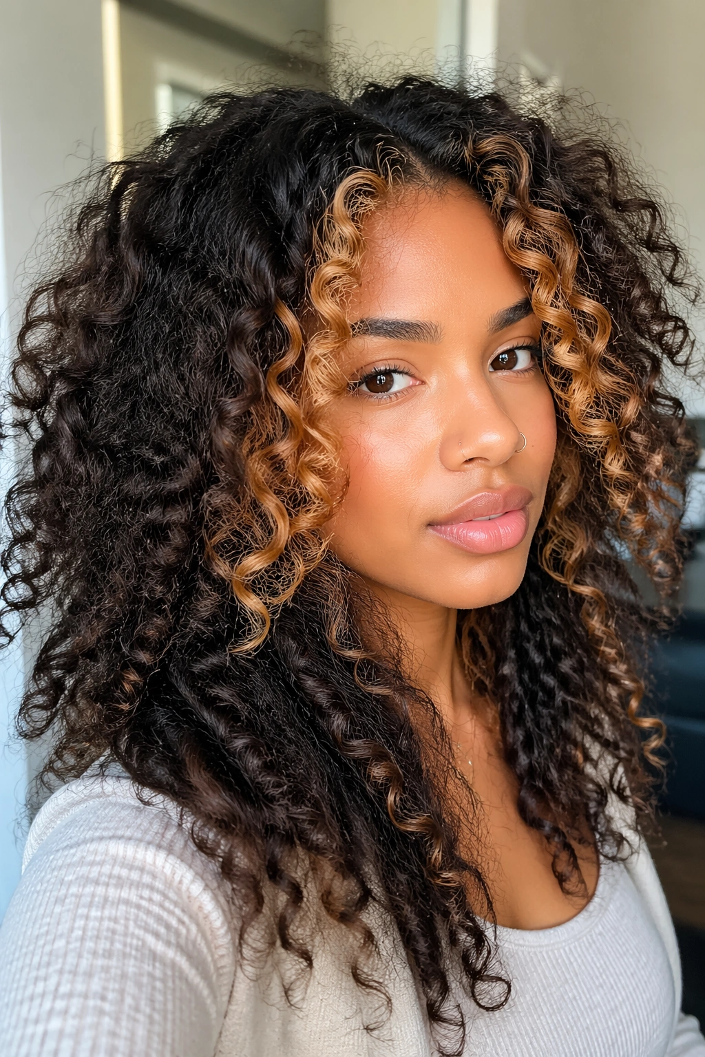 Close-up of a real woman's face-framing caramel money pieces