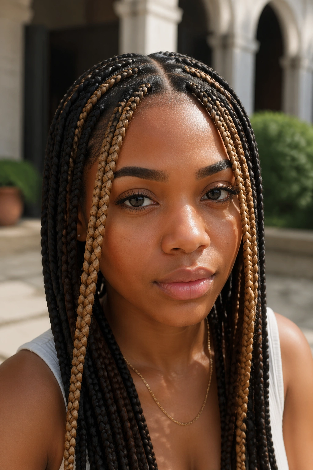 Close-up of box braids with chunky caramel money piece framing the face